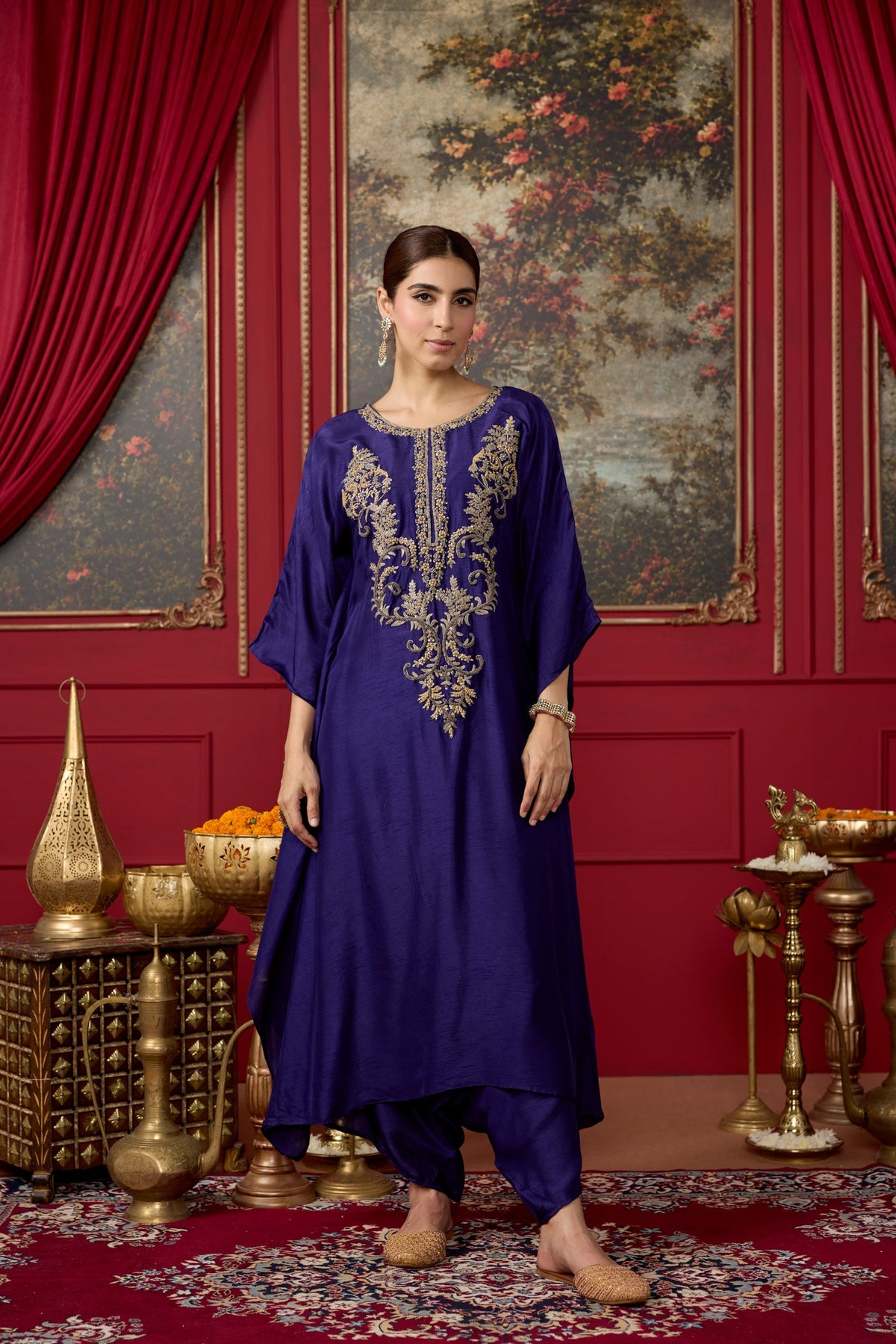 Deep Purple Embellished Raw Silk Kaftan Set