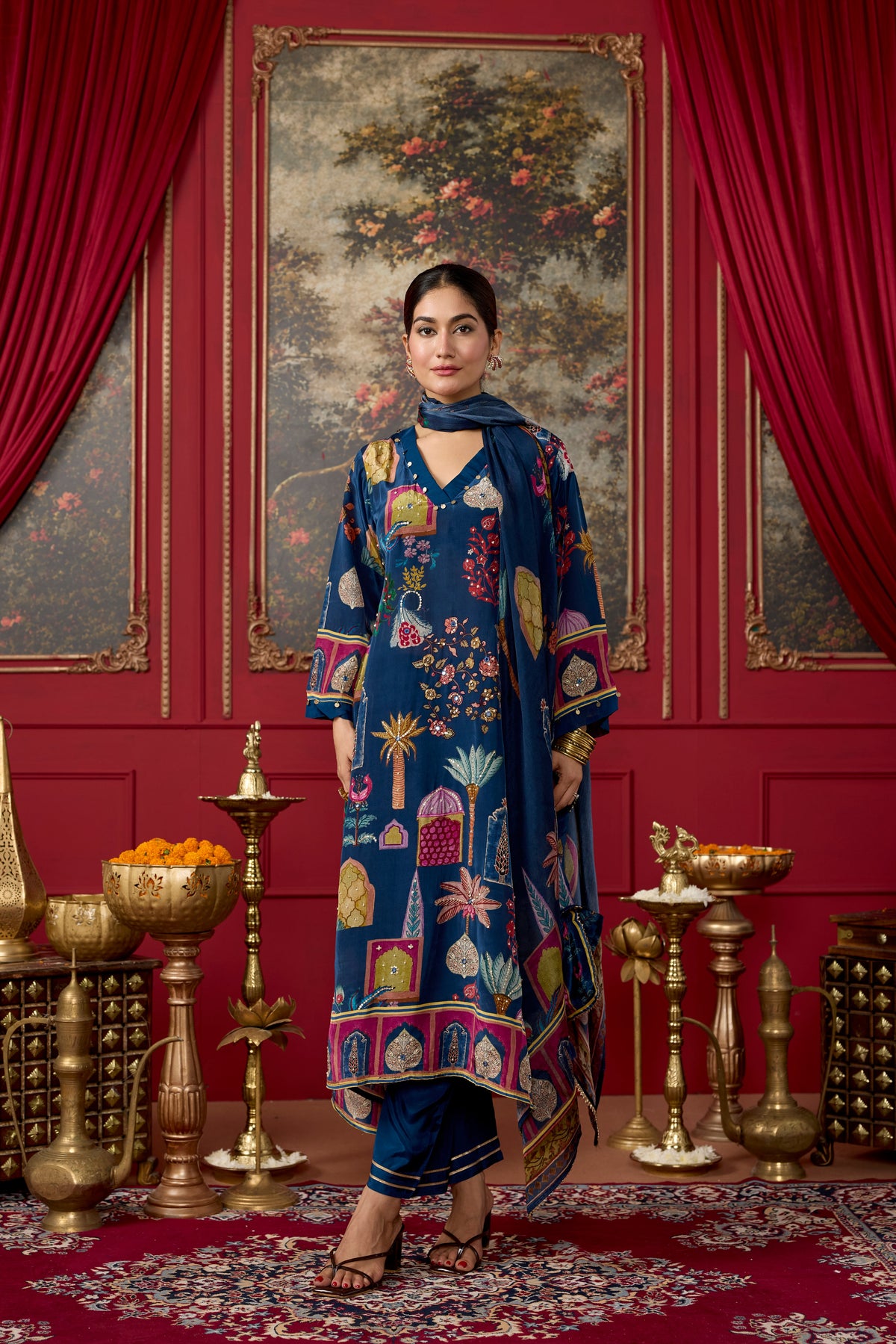 Royal Blue Embellished Crepe Silk Kurta Set