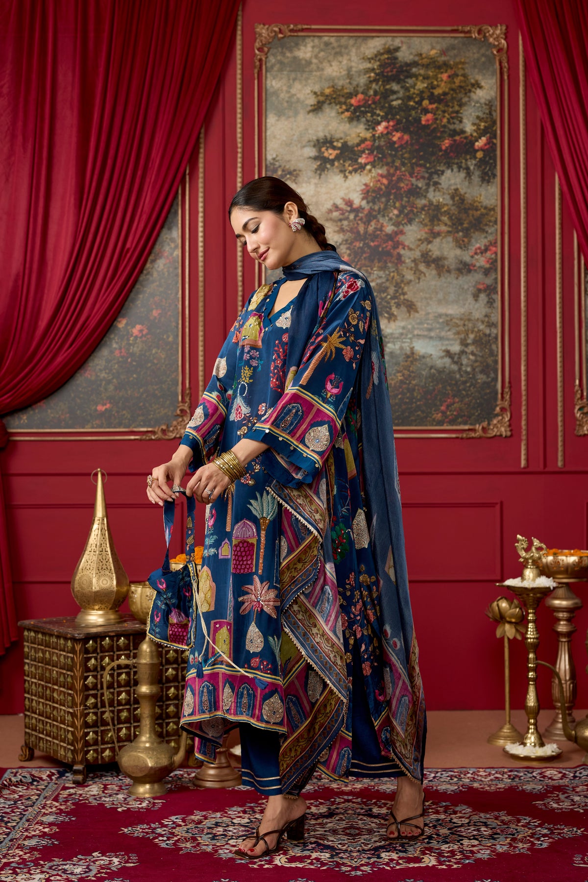 Royal Blue Embellished Crepe Silk Kurta Set