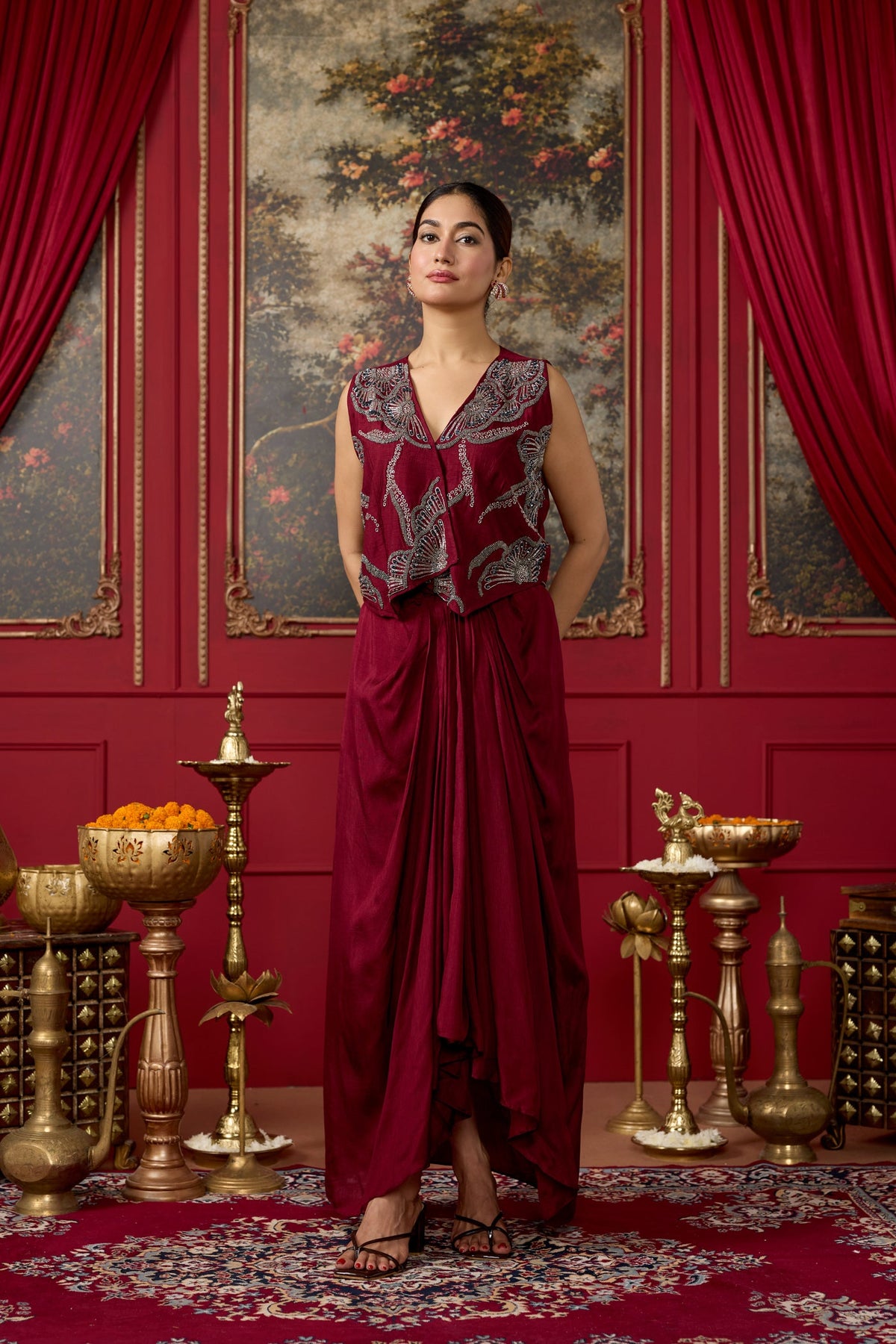 Wine Maroon Embellished Raw Silk Skirt Set