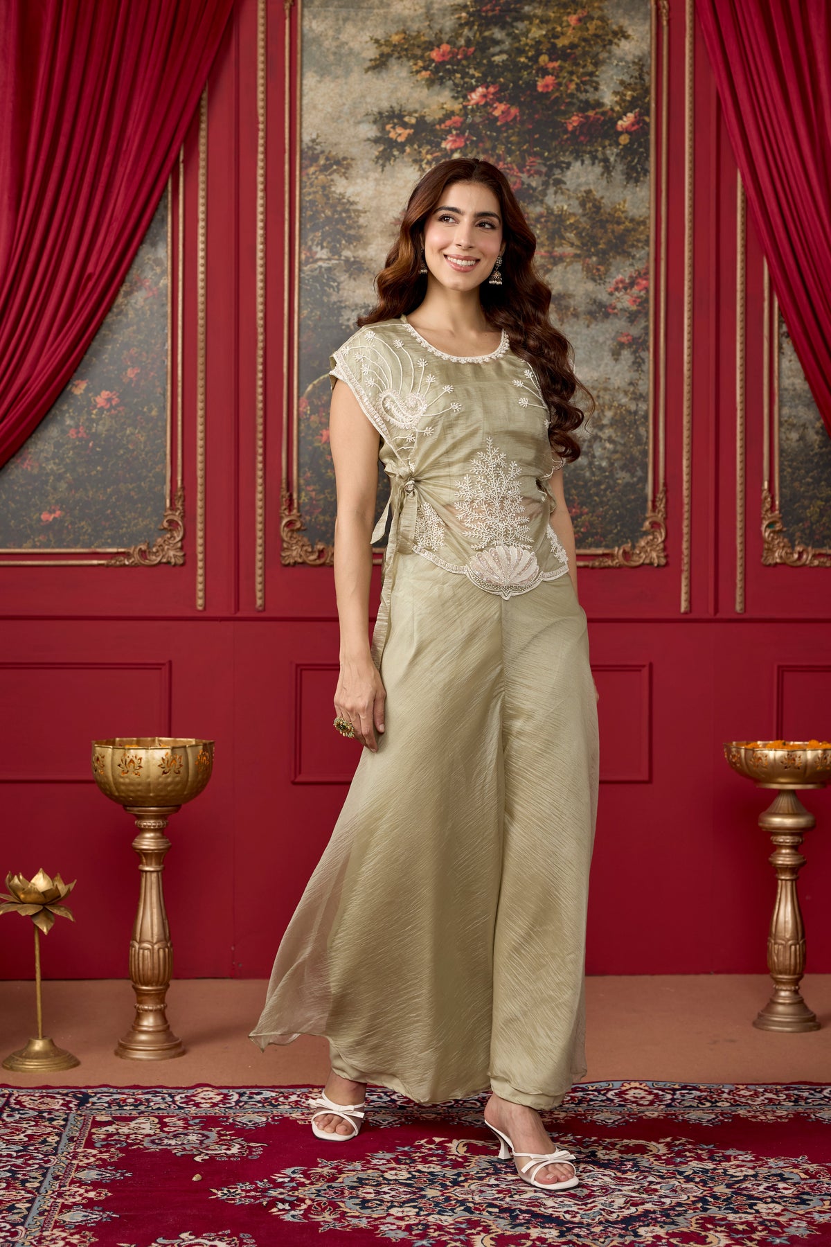 Sage Green Embellished Tissue Silk Palazzo Set