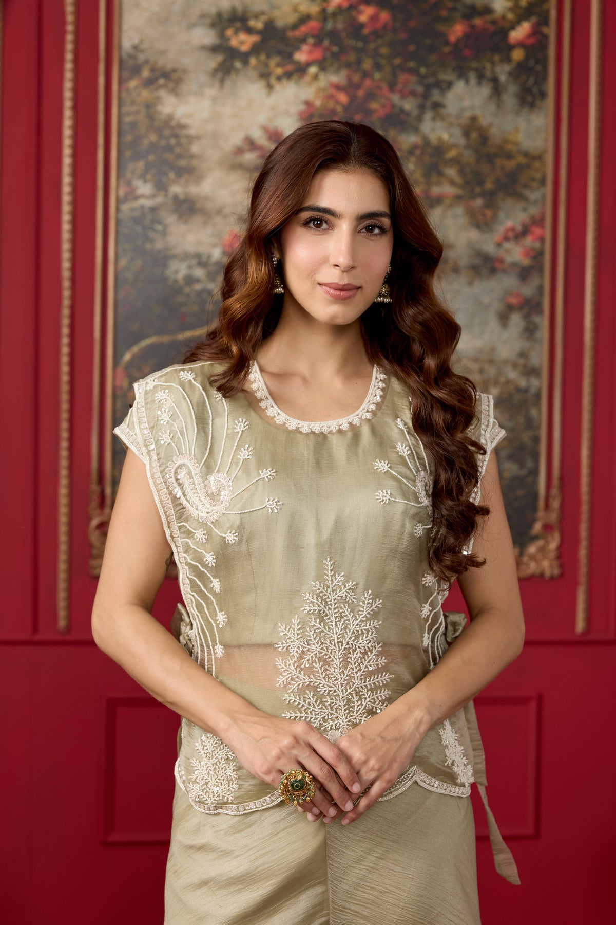 Sage Green Embellished Tissue Silk Palazzo Set