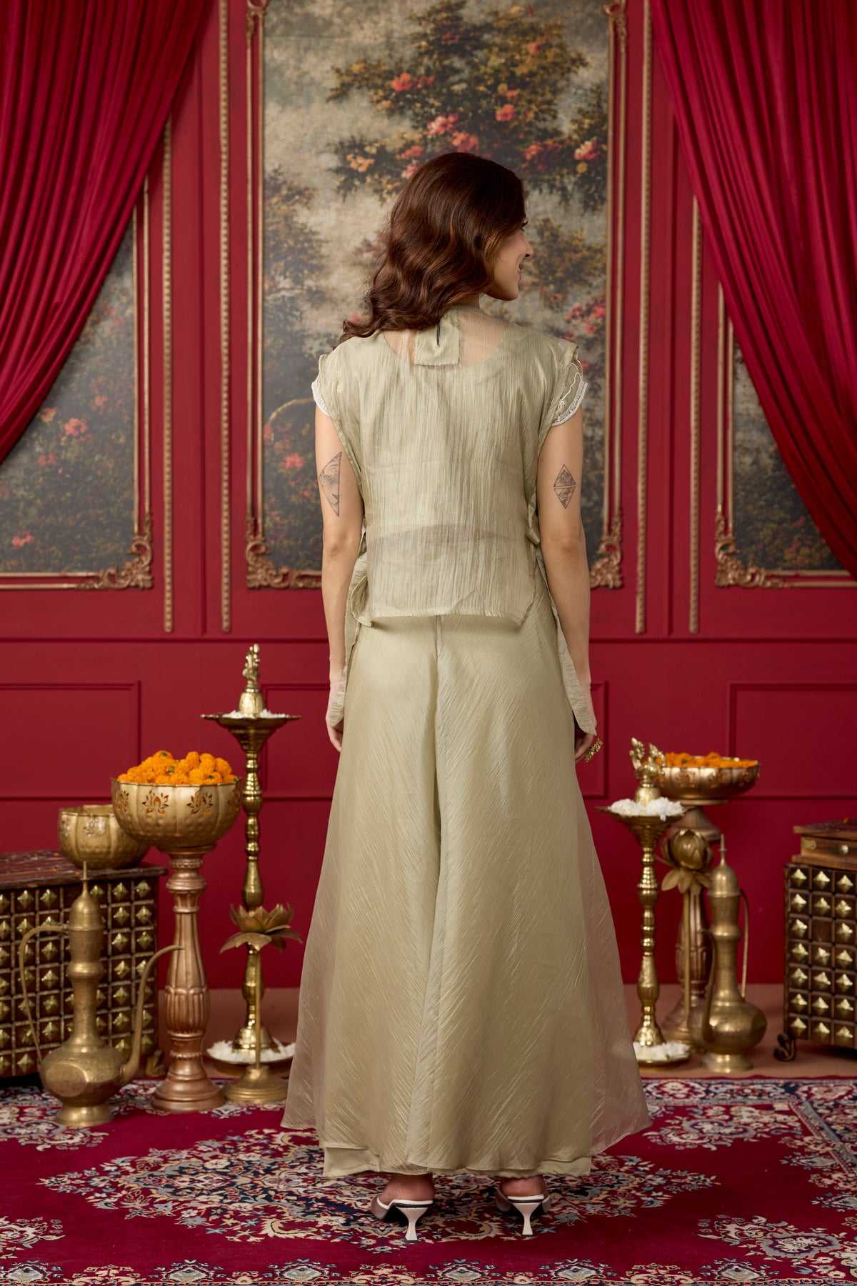 Sage Green Embellished Tissue Silk Palazzo Set