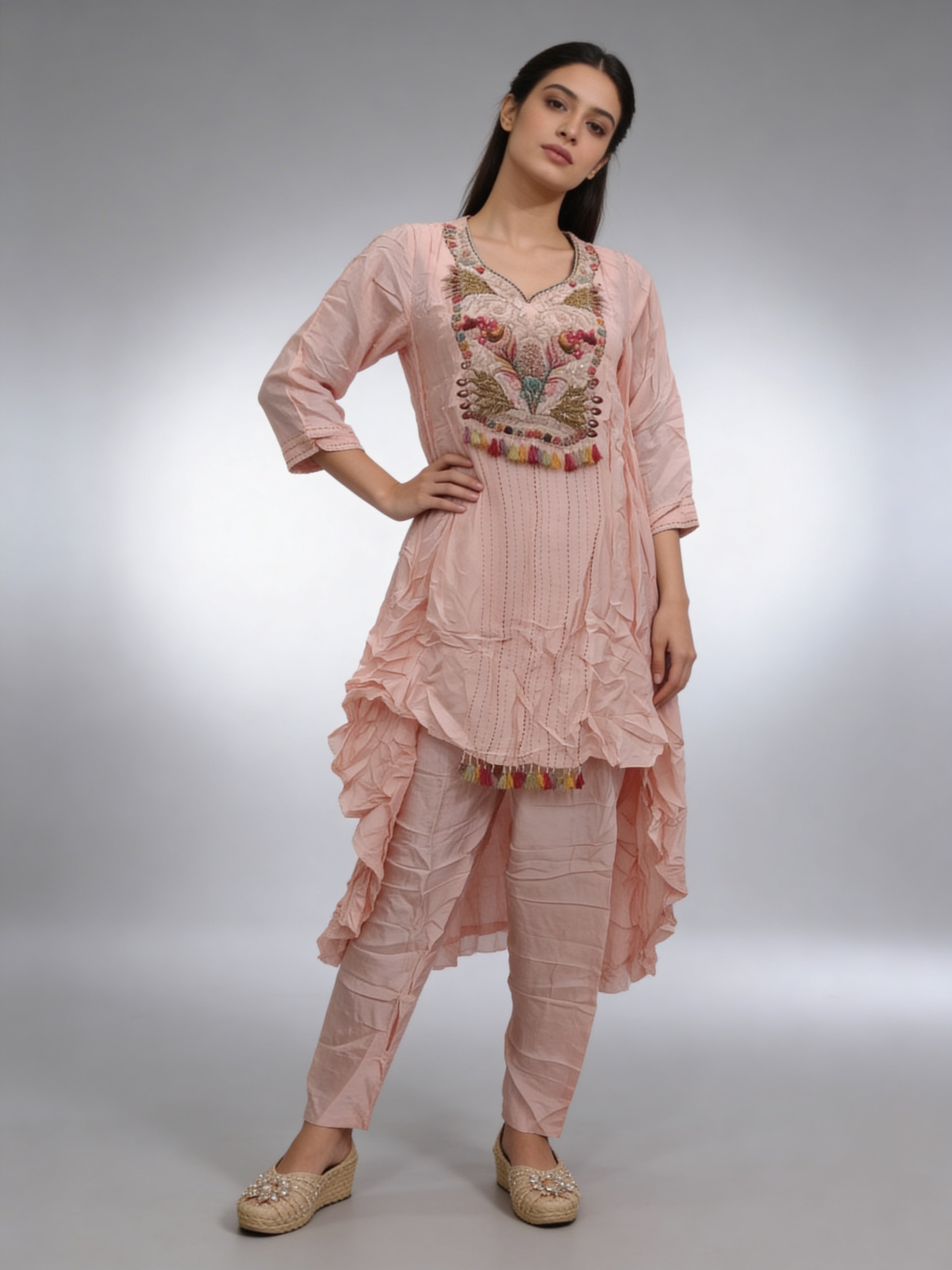 Blush Peach Embellished Raw Silk Asymmetrical Pant Set