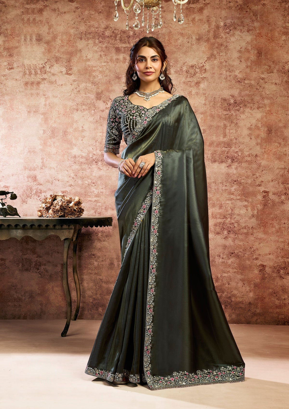 Charcoal Grey Embellished Organza Satin Silk Saree