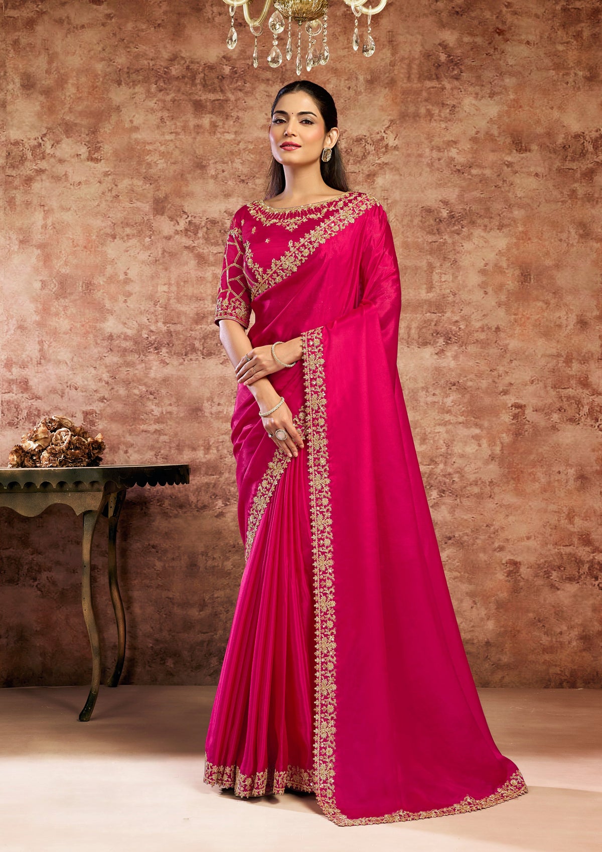 Vibrant Magenta Embellished Upadda Silk Saree