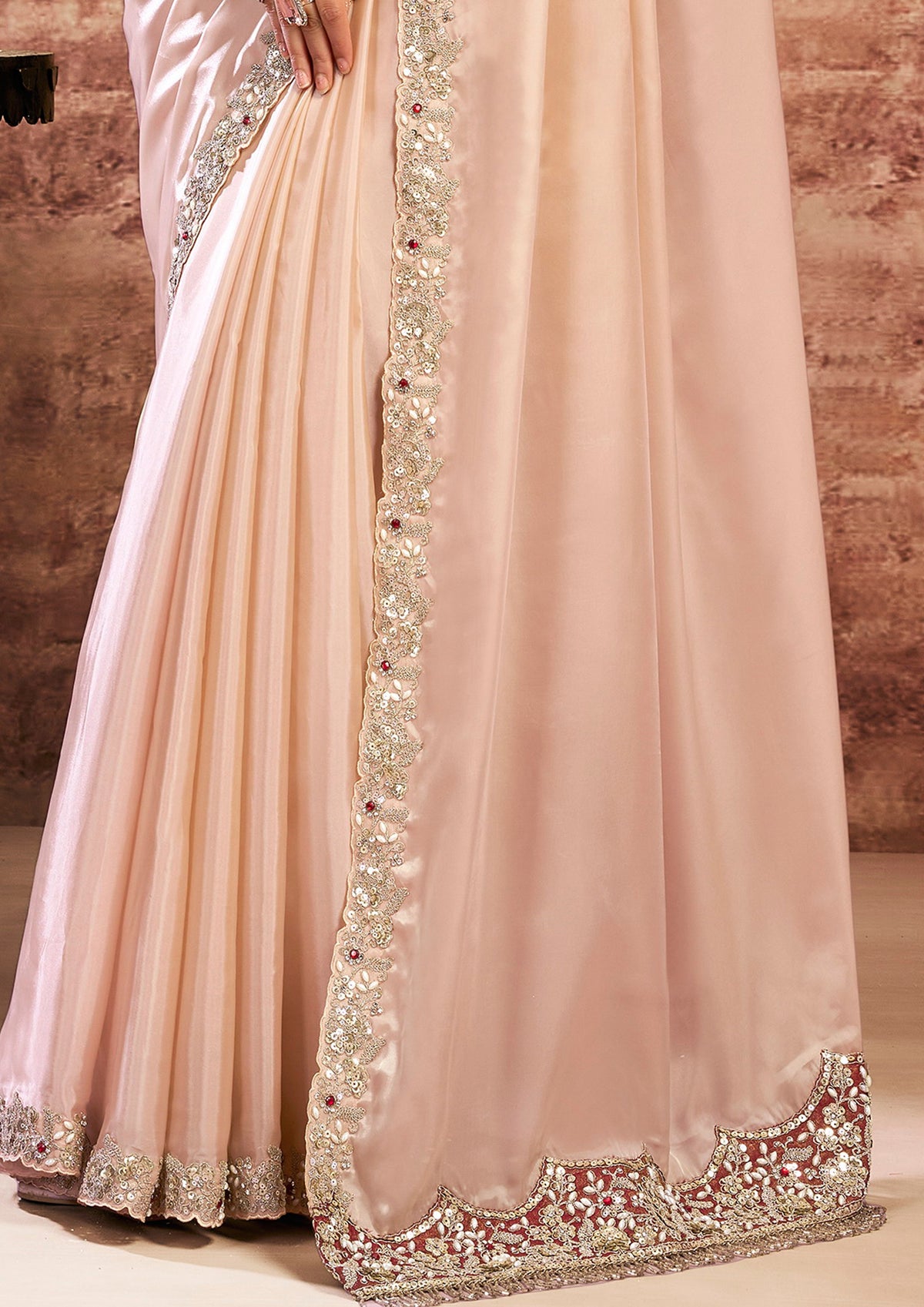 Champagne Peach Embellished Satin Silk Saree