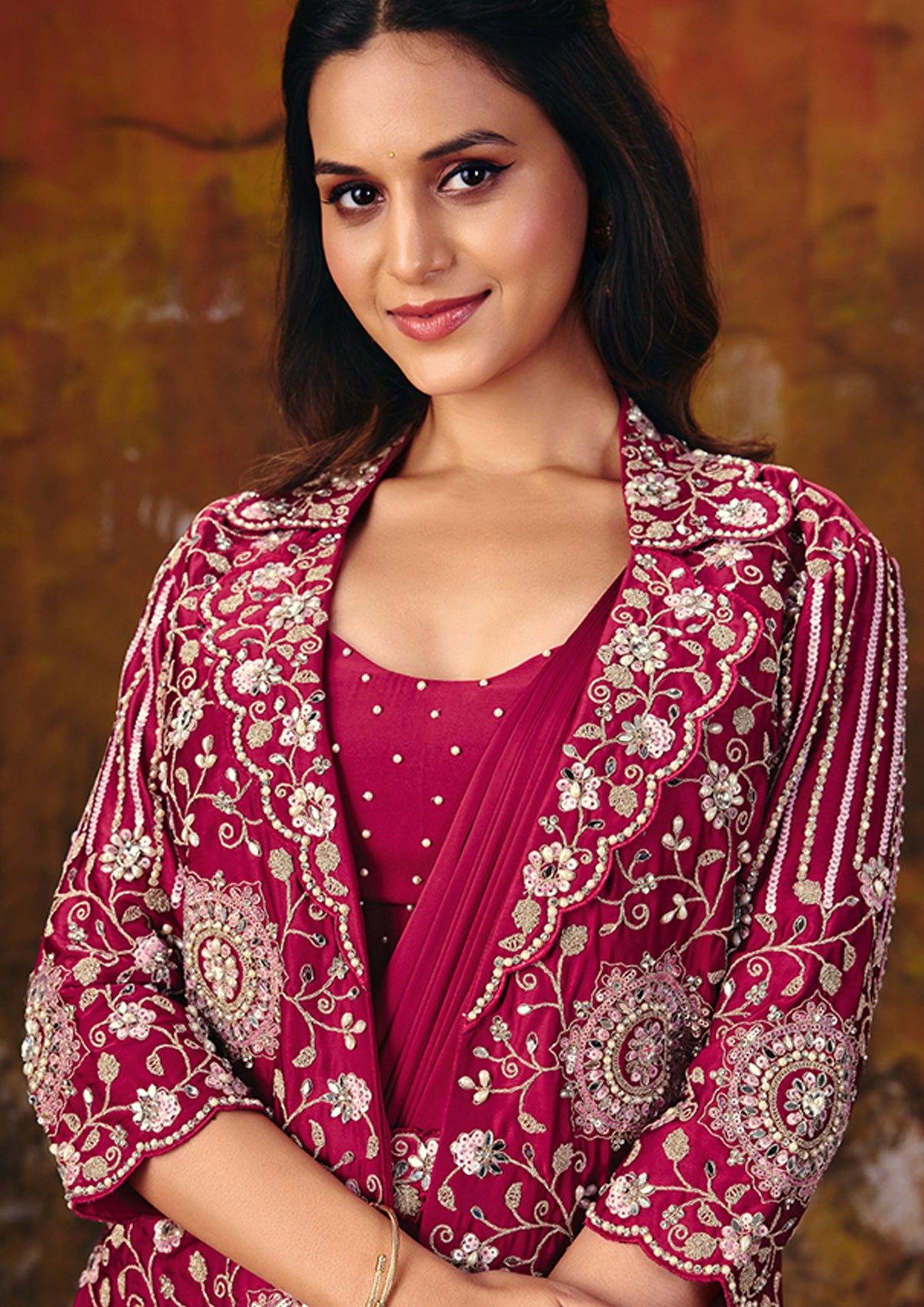Rani Pink Embellished Satin Silk Saree