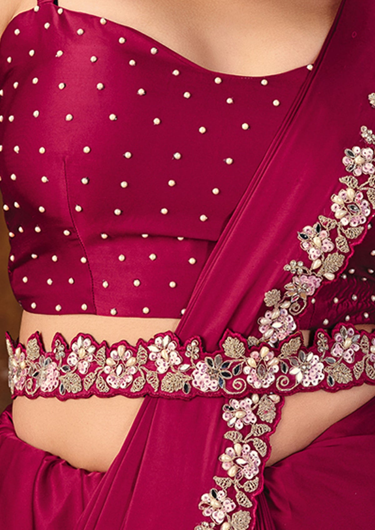 Rani Pink Embellished Satin Silk Saree