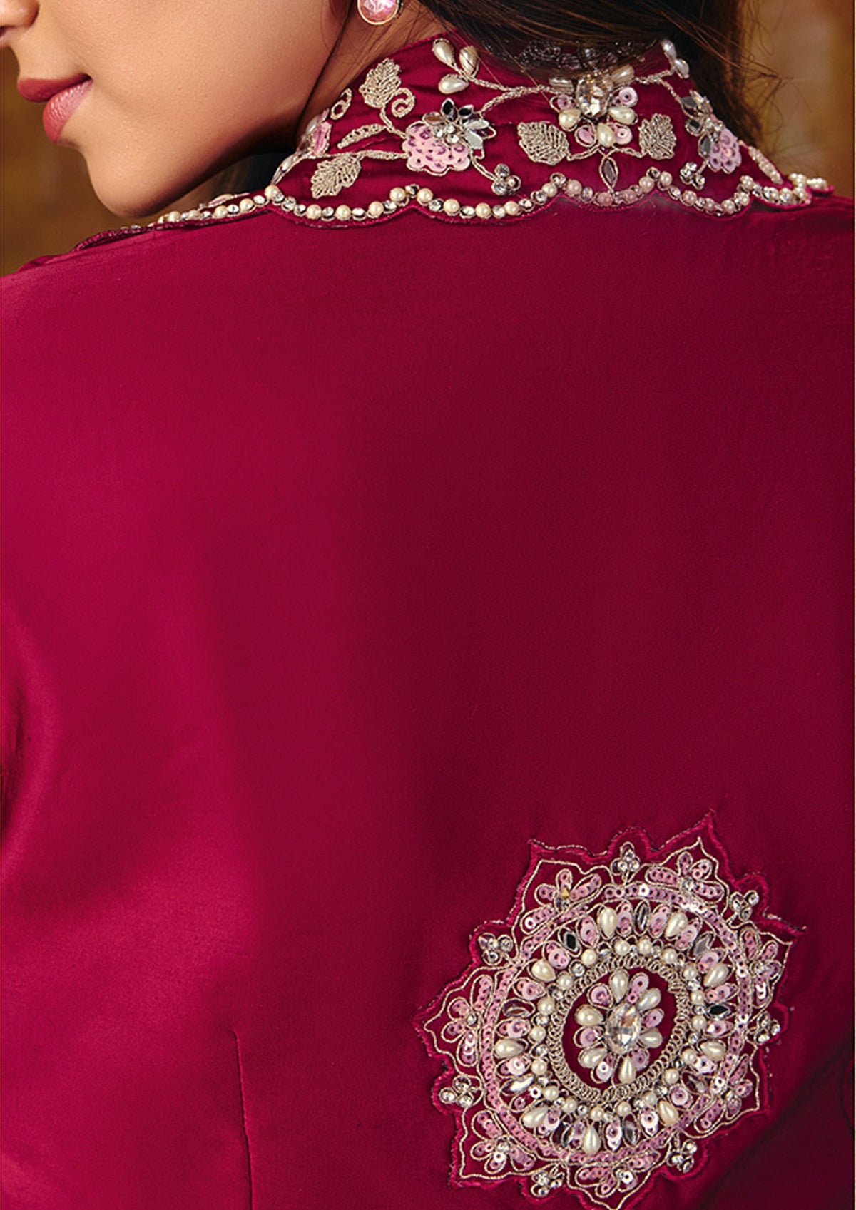 Rani Pink Embellished Satin Silk Saree