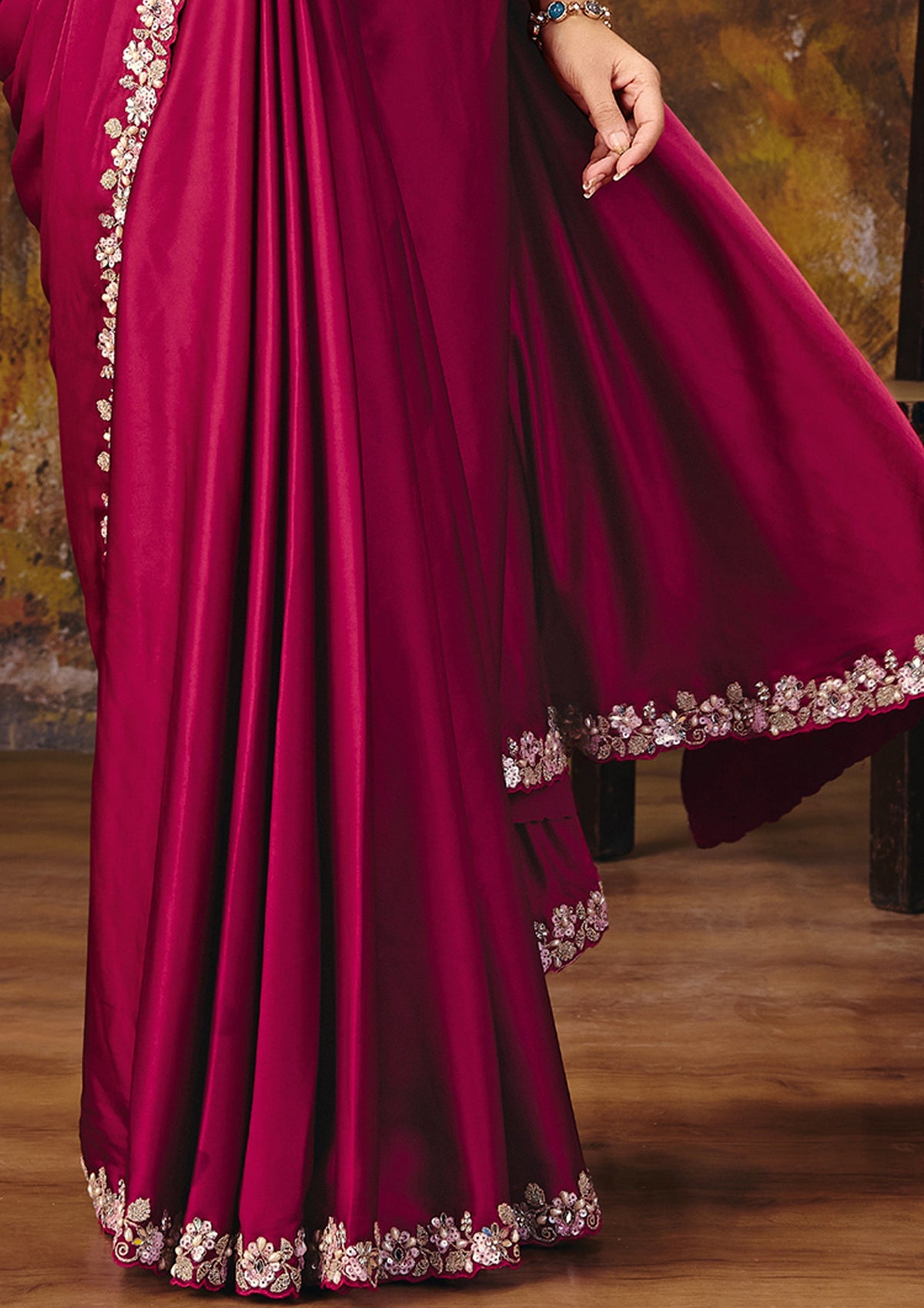 Rani Pink Embellished Satin Silk Saree