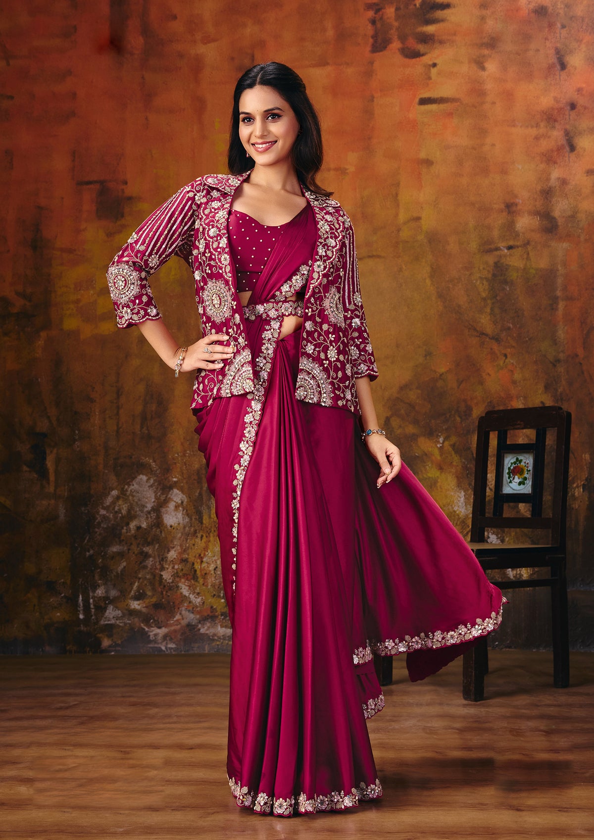 Rani Pink Embellished Satin Silk Saree
