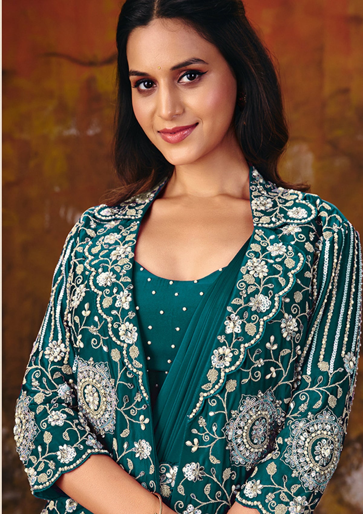 Teal Green Embellished Satin Silk Saree