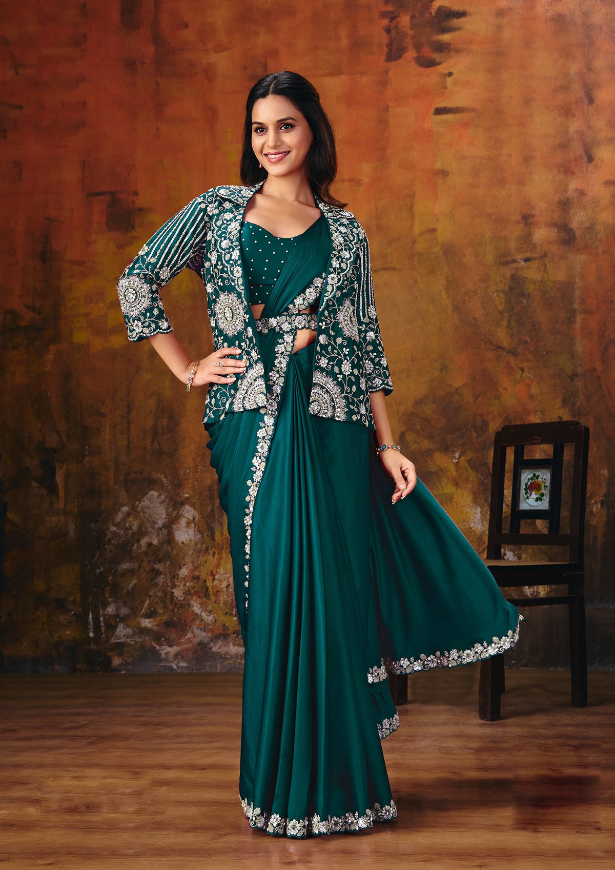 Teal Green Embellished Satin Silk Saree