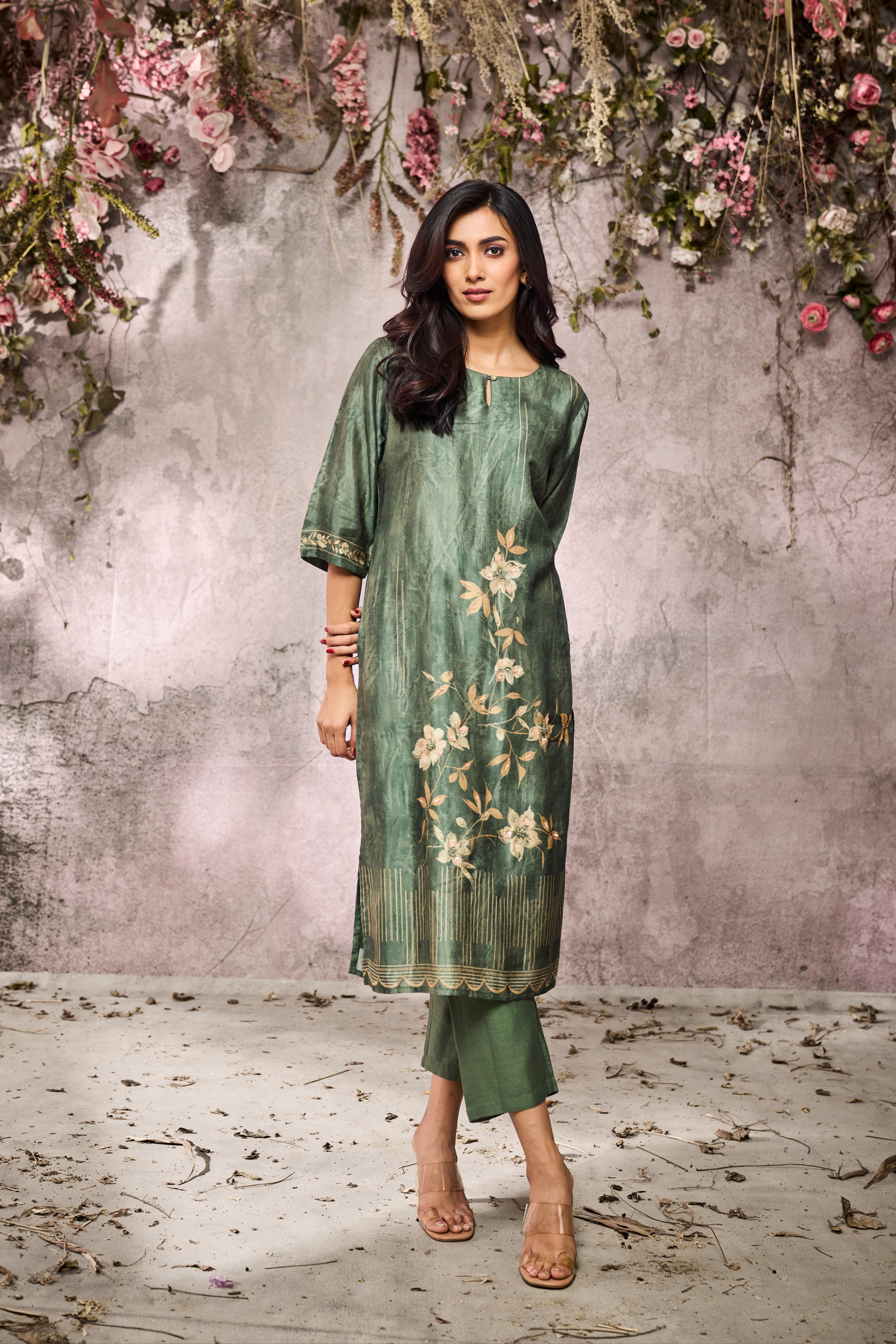Moss Green Printed Muslin Silk Kurta Set