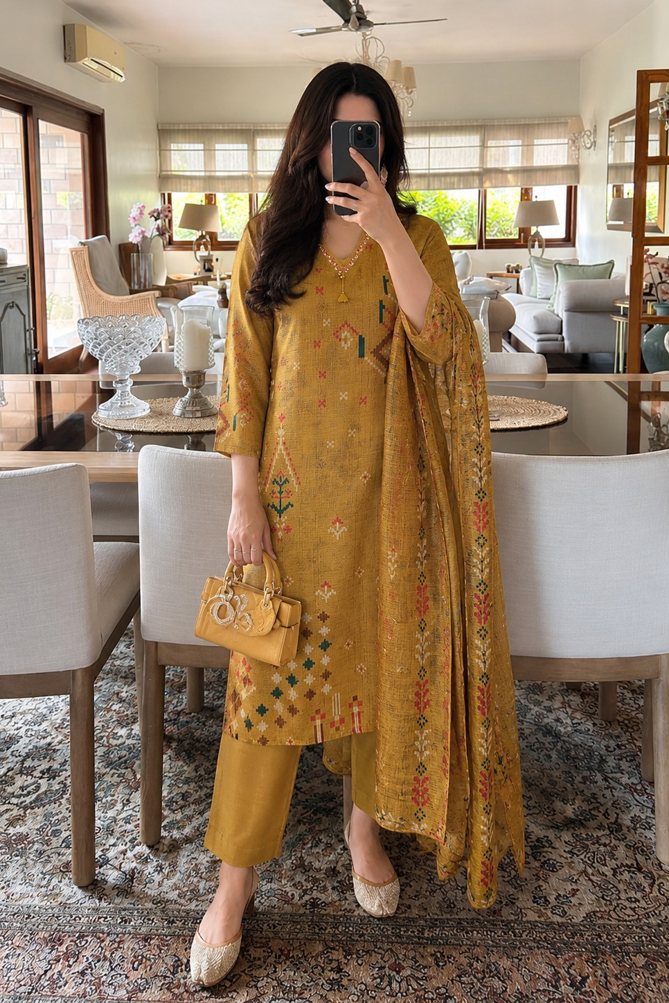 Mustard Green Embroidered Linen Pant Set