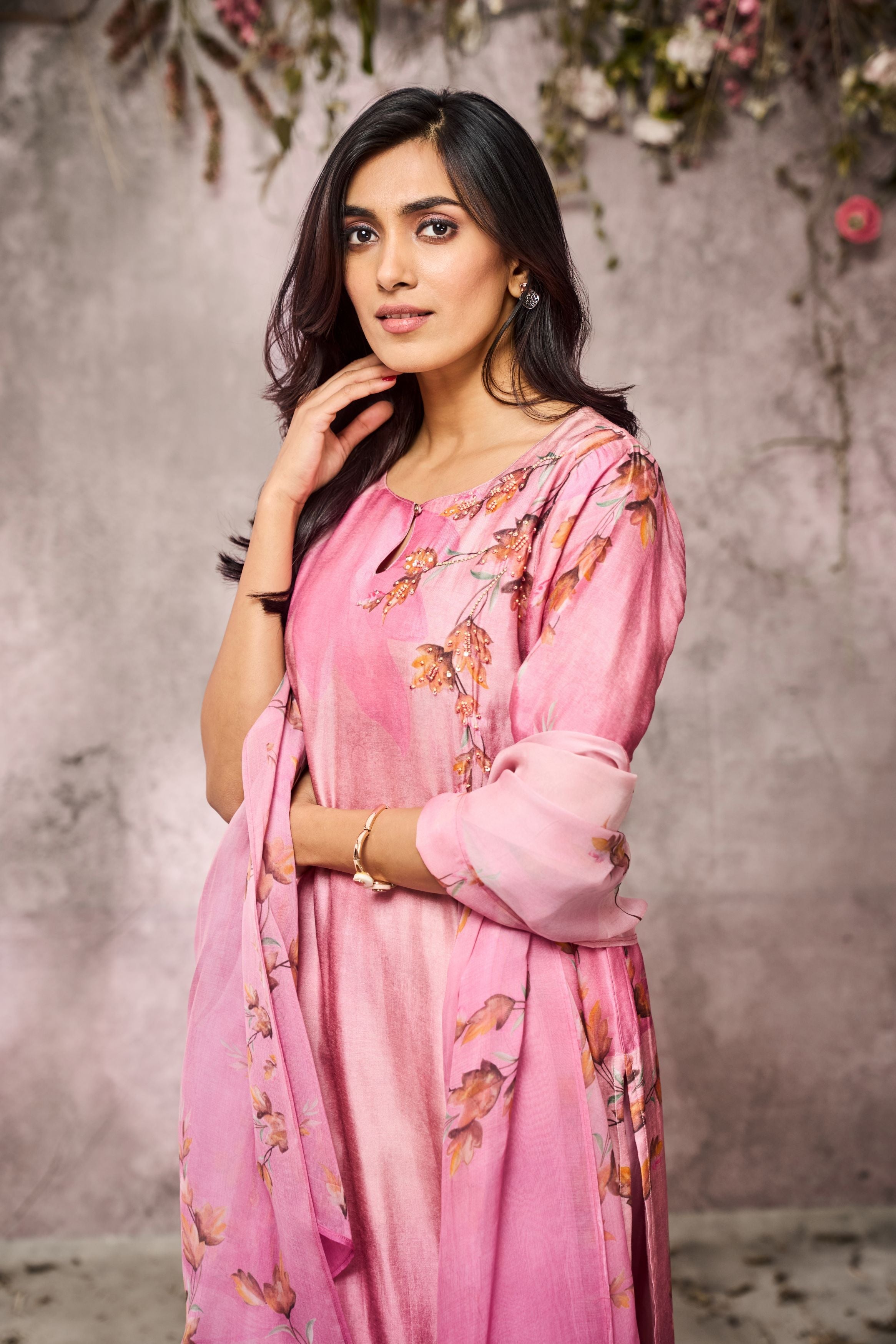 Pink Printed Tussar Silk Pants Set