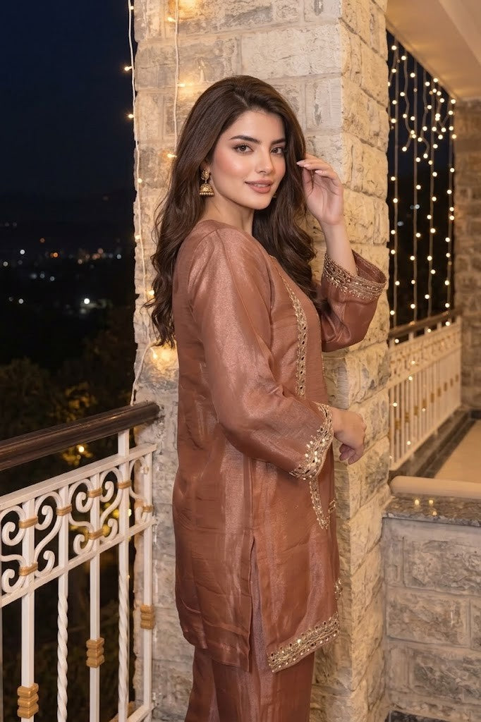 Dusty Rose Embellished Tissue Silk Palazzo Set