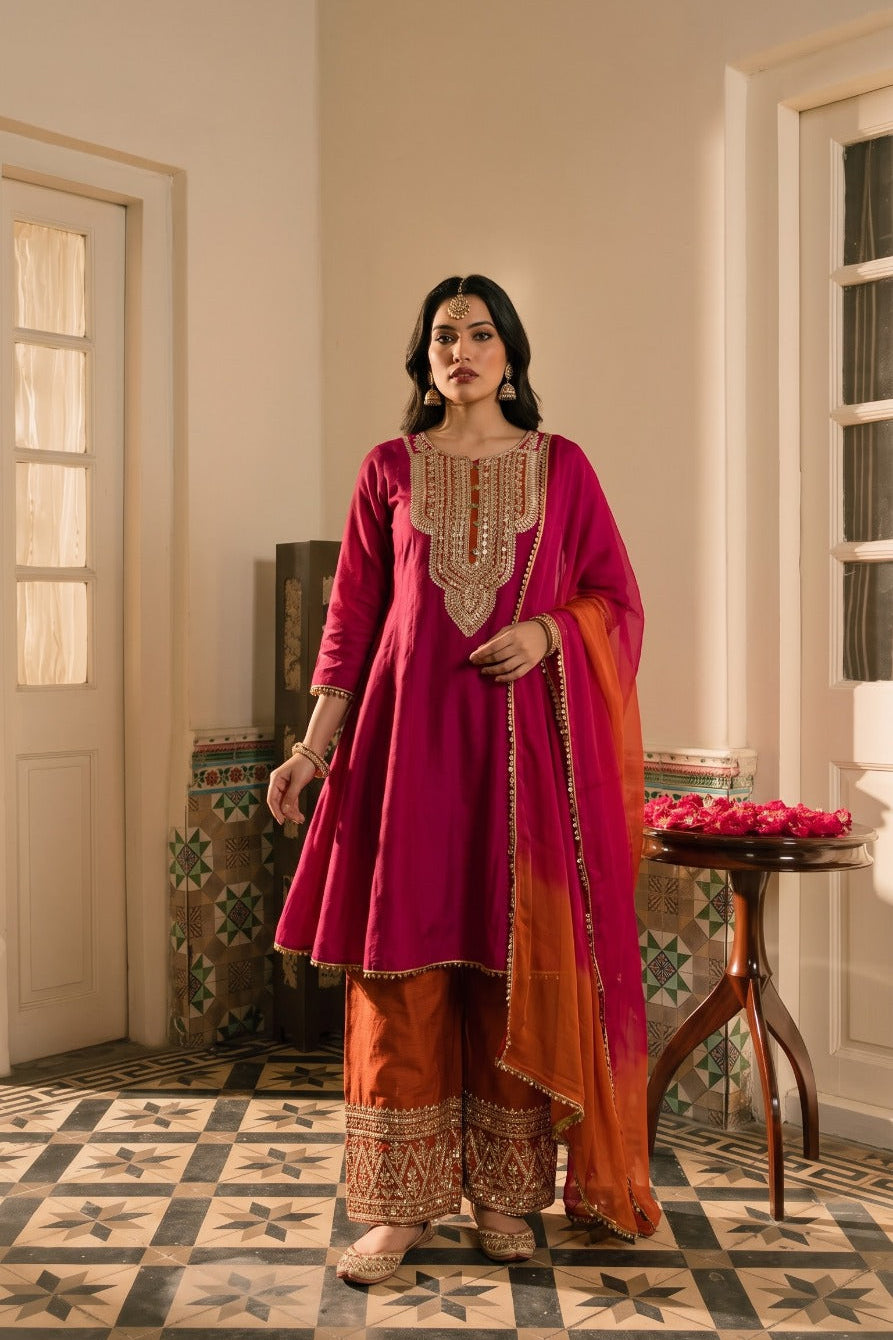 Vibrant Rani Pink Embellished Raw Silk Palazzo Set