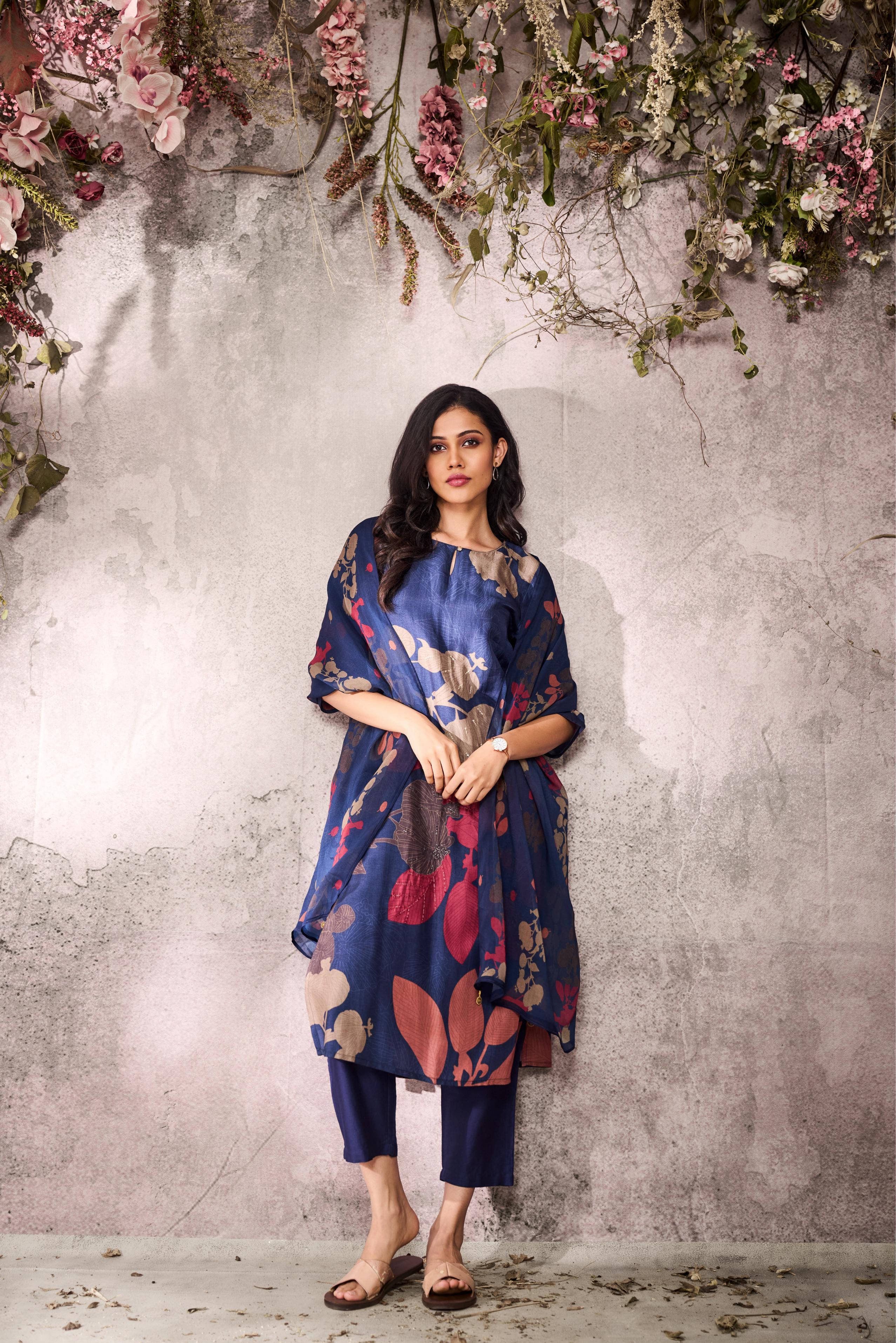 Blue Printed Tussar Silk Pants Set