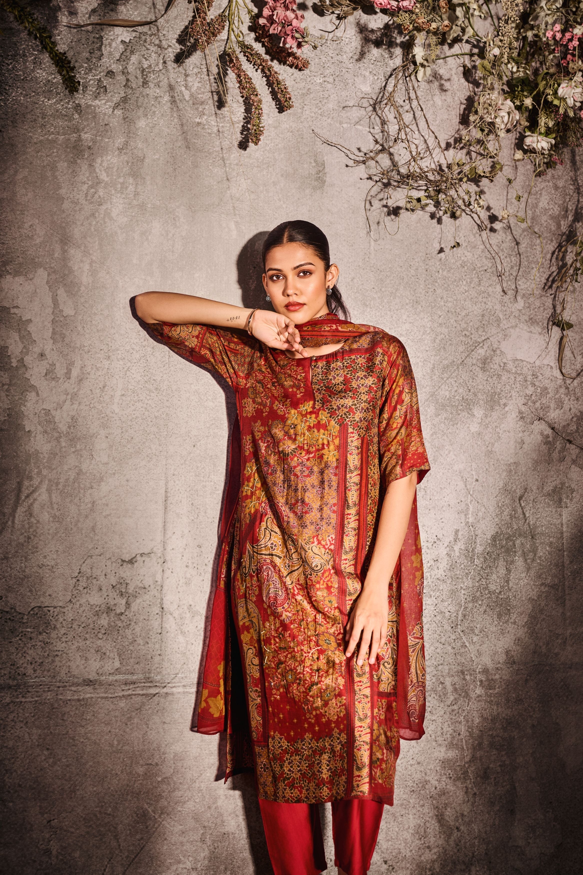 Reddish Red Printed Tussar Silk Pants Set