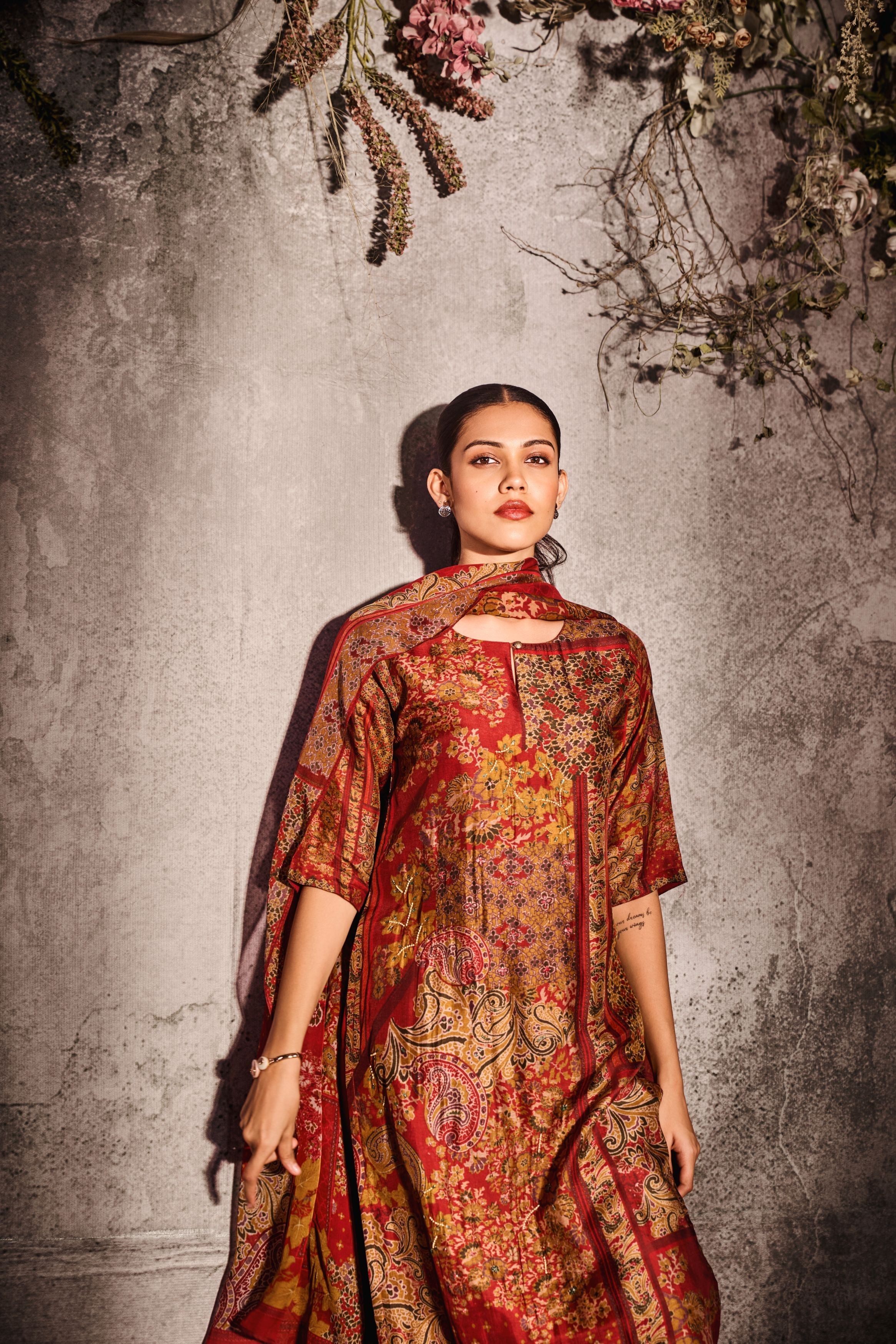 Reddish Red Printed Tussar Silk Pants Set