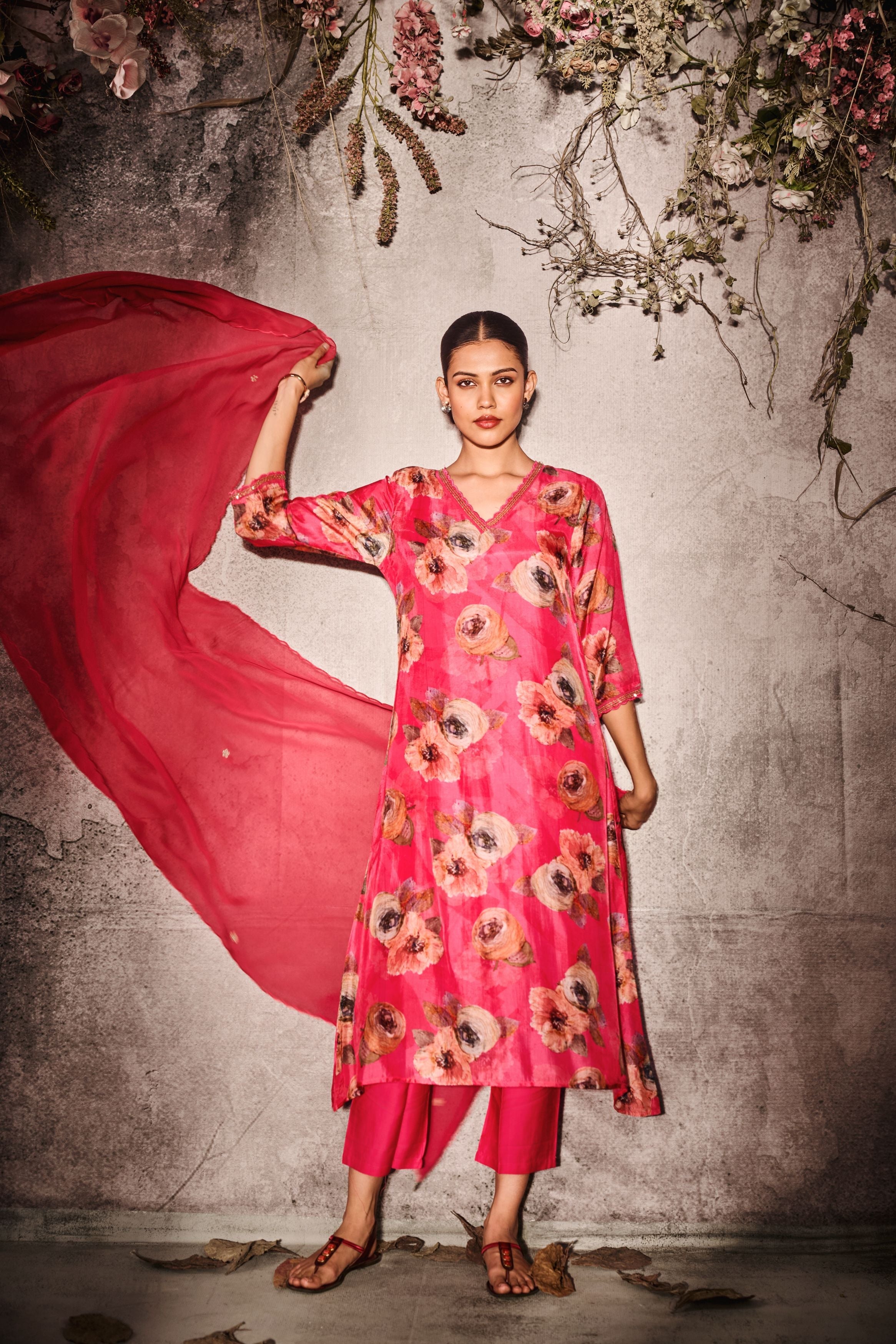 Red Printed Tussar Silk Pants Set
