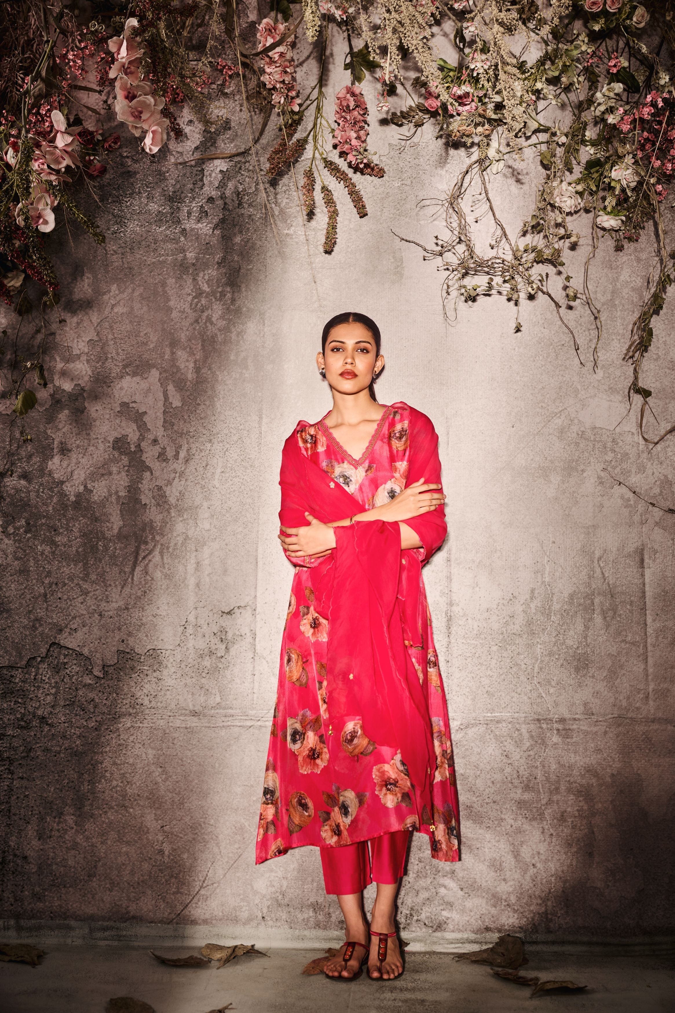 Red Printed Tussar Silk Pants Set