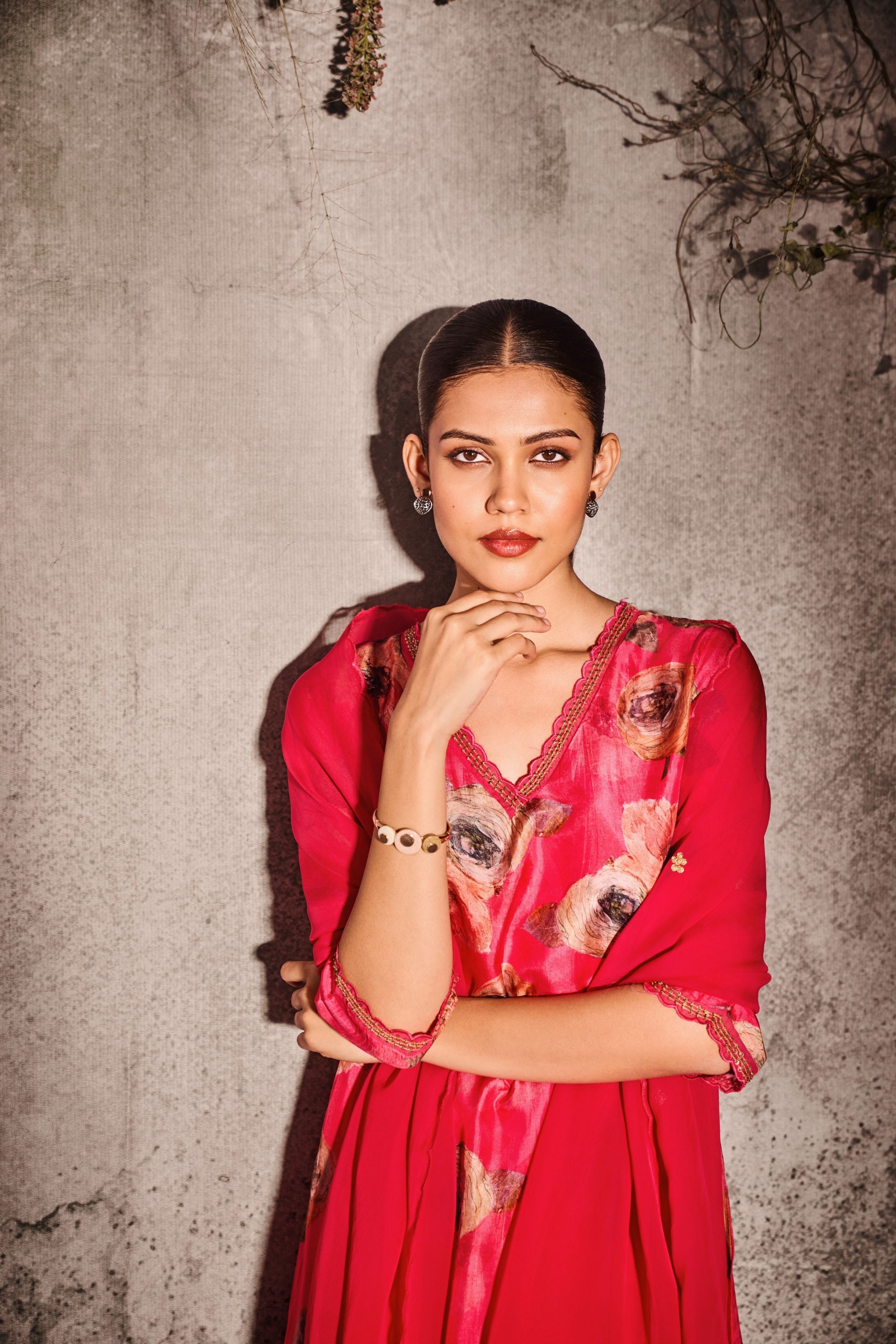 Red Printed Tussar Silk Pants Set