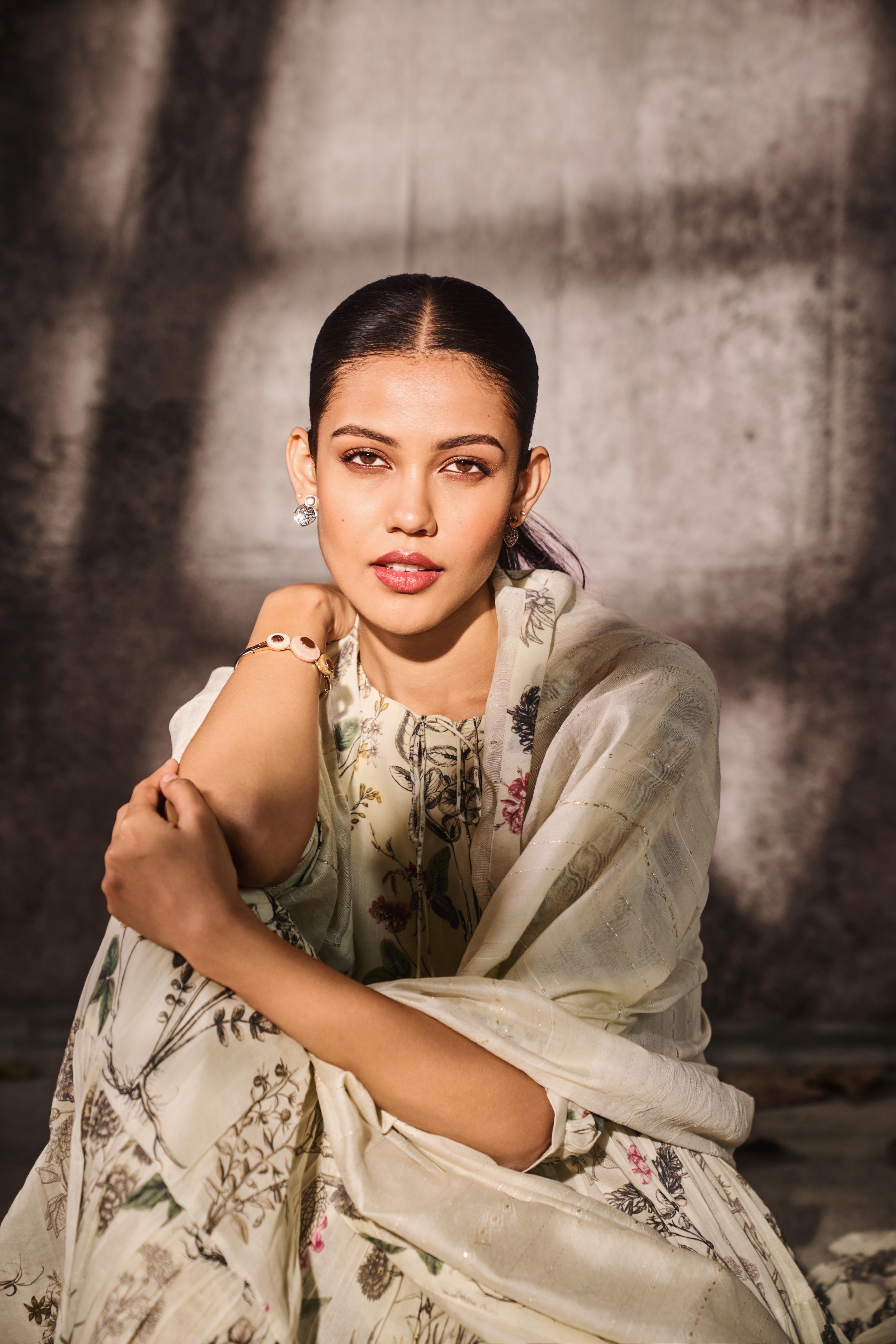 Off-White Printed Tussar Silk Anarkali Set