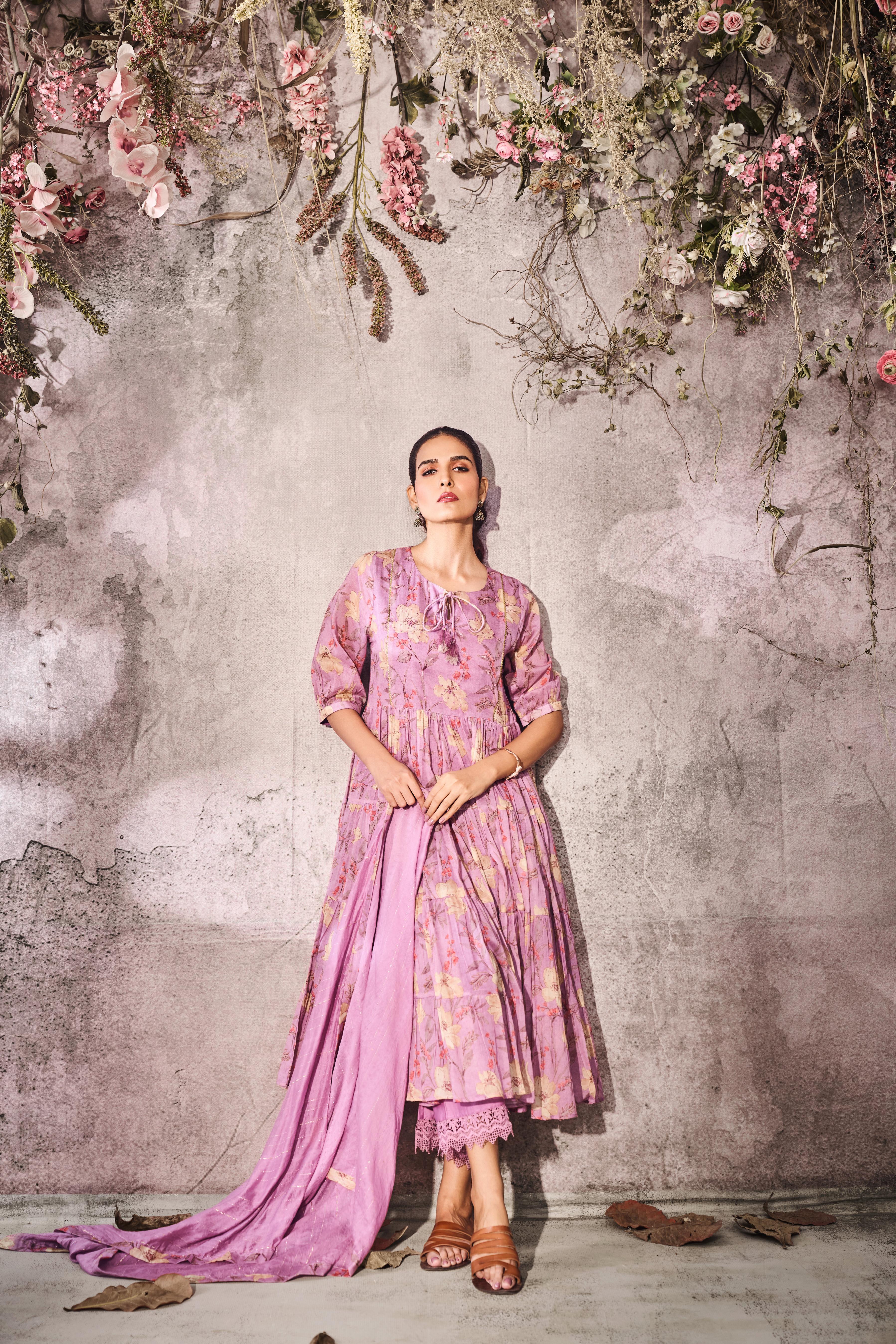 Soft Lilac Printed Tussar Silk Anarkali Set