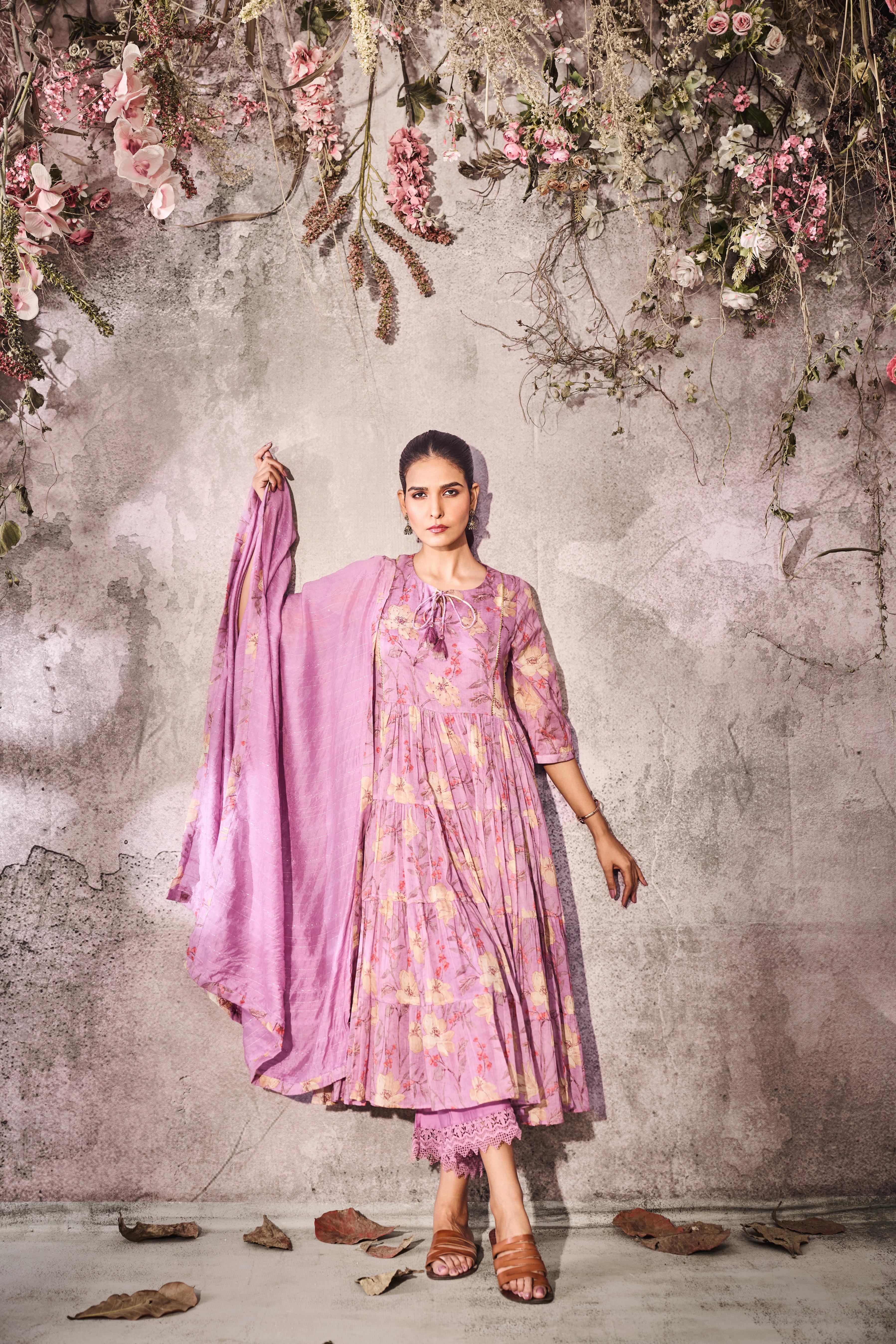 Soft Lilac Printed Tussar Silk Anarkali Set