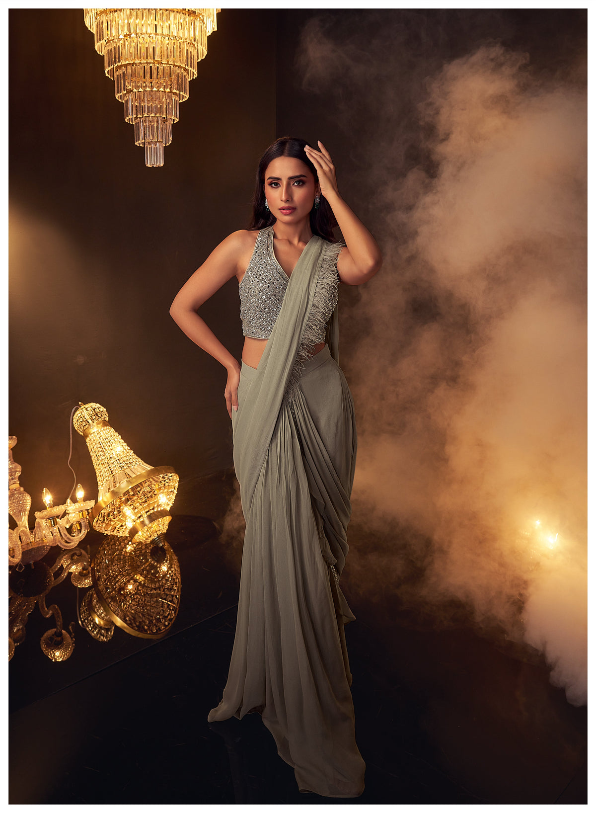 Grey Embellished Swiss Georgette Silk Draped Saree