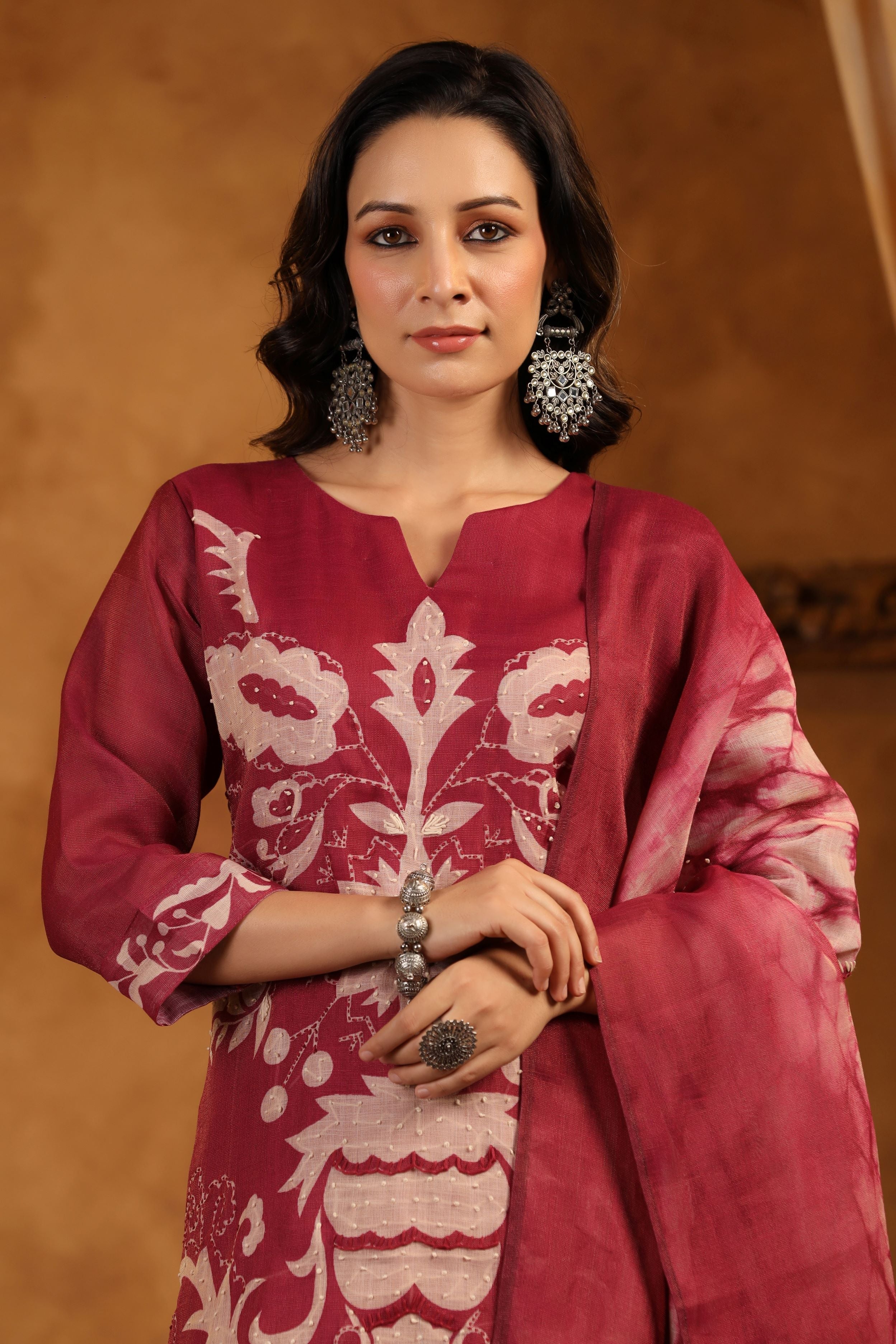Maroon Embroidered Shimmer Linen Kurta Pants Set