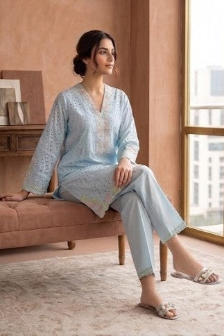 Powder Blue Schiffli Embroidered Cotton Kurta Set