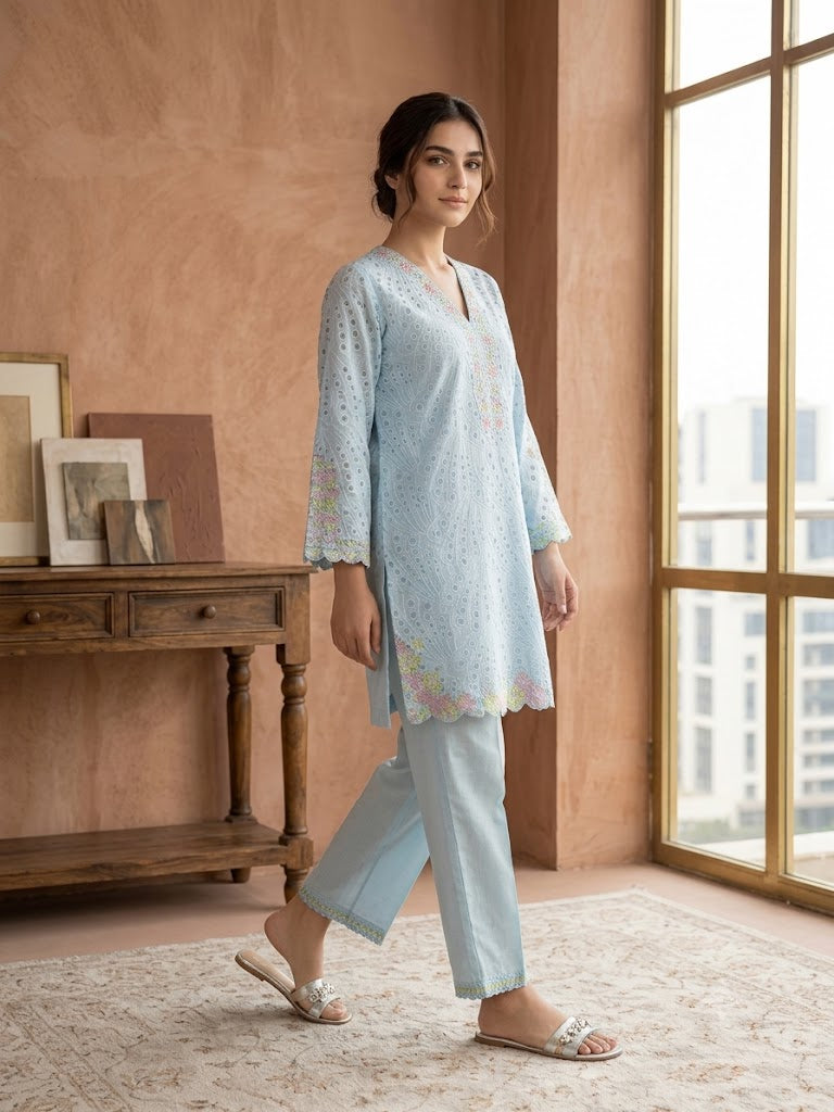 Powder Blue Schiffli Embroidered Cotton Kurta Set