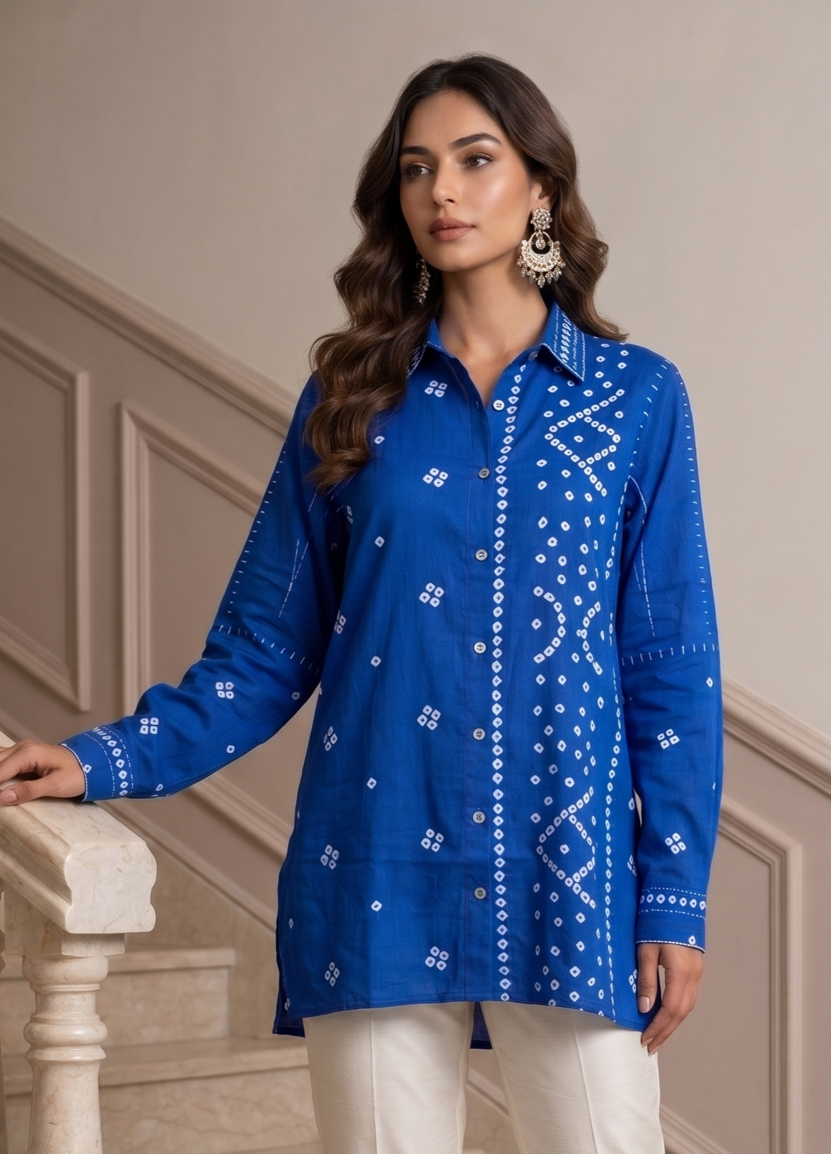 Royal Blue Embellished Mul Cotton Shirt