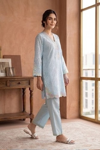 Powder Blue Schiffli Embroidered Cotton Kurta Set