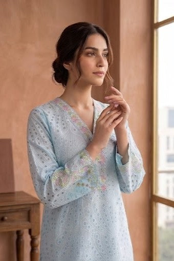 Powder Blue Schiffli Embroidered Cotton Kurta Set