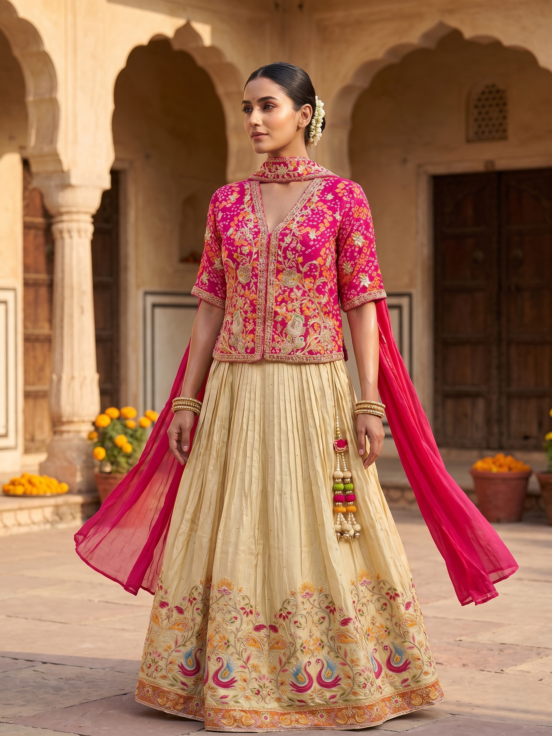 Fuchsia Bandhani Peacock Lehenga Set