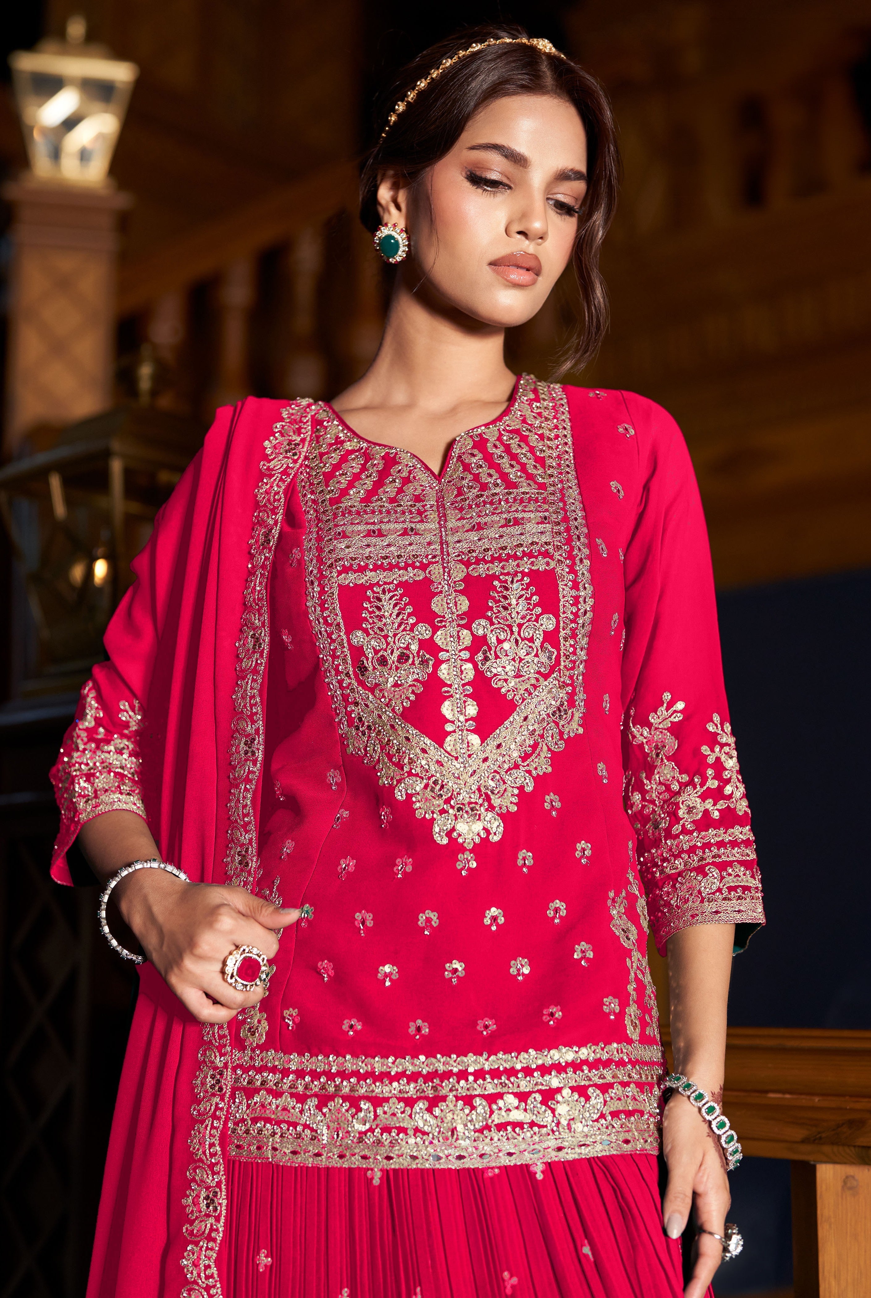 Rani Pink Embellished Georgette Silk Skirt Set