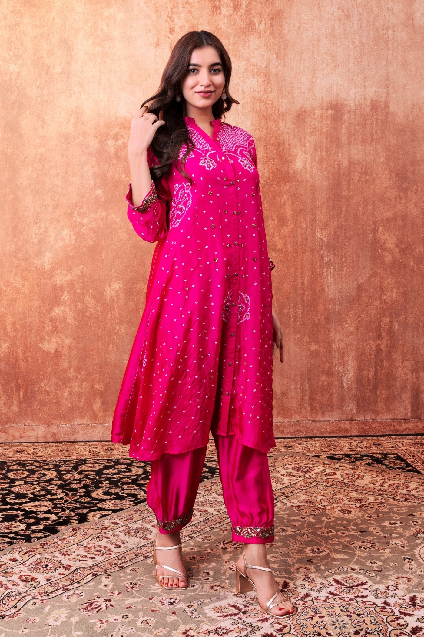 Rani Pink Bandhej Printed Embellished Kurta Set