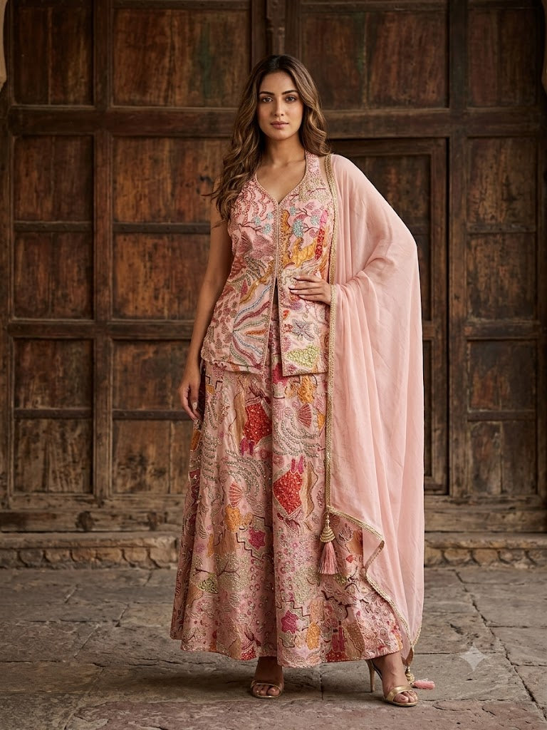 Peach Embellished Satin Silk Palazzo Set
