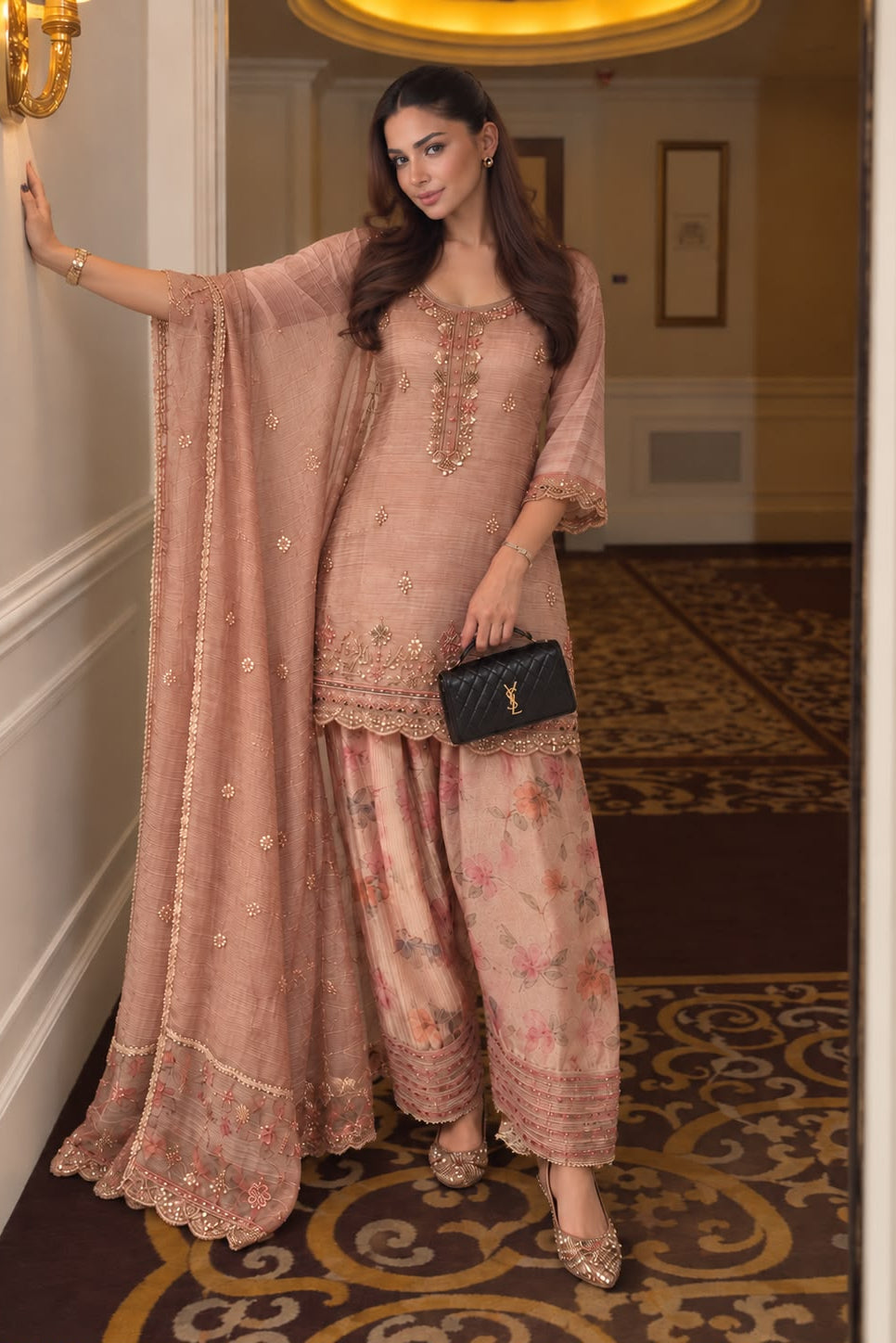 Dusty Peach Mist Embellished Shimmer Tissue Silk Salwar Set