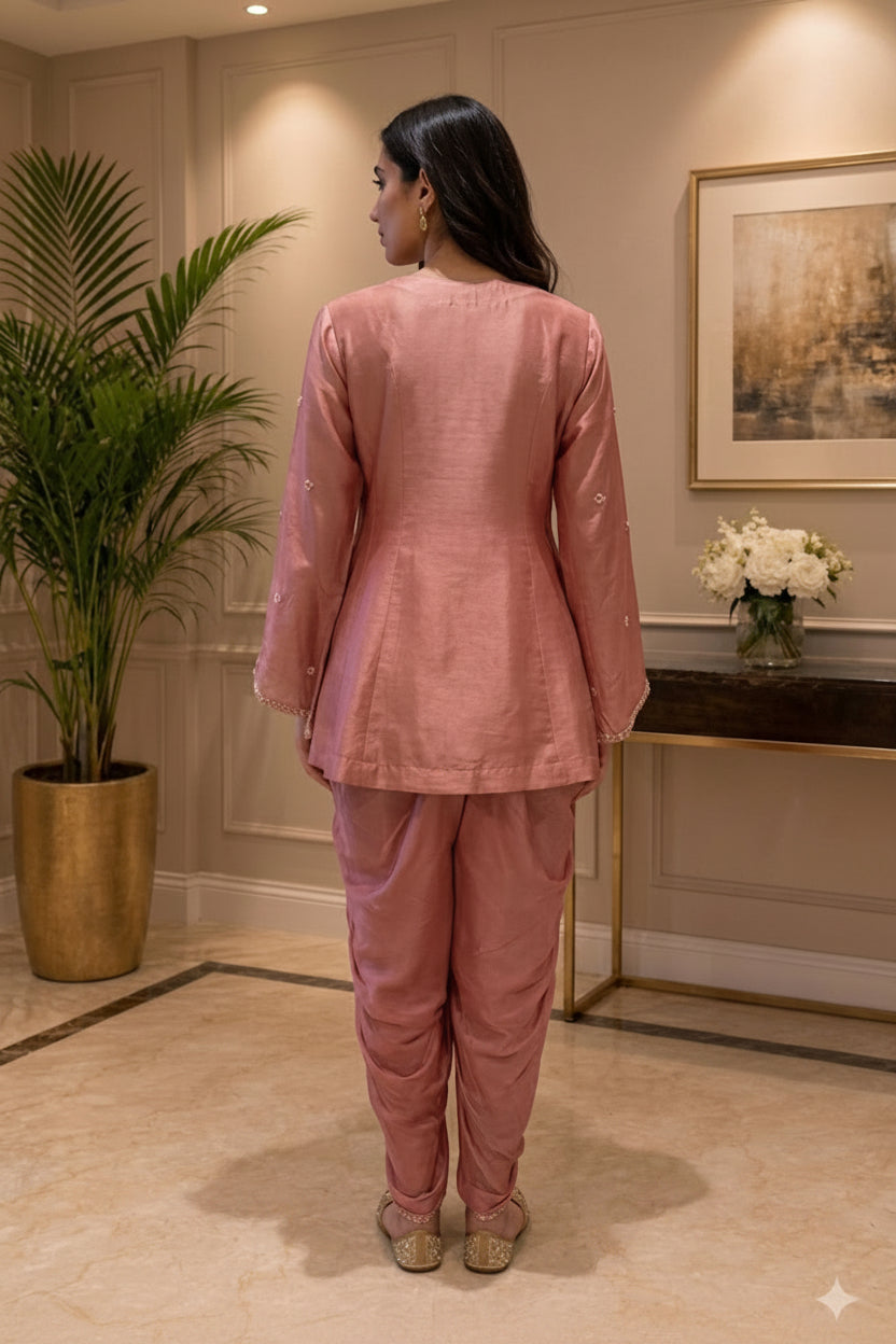 Pink Petal Embellished Crepe Silk Dhoti Set