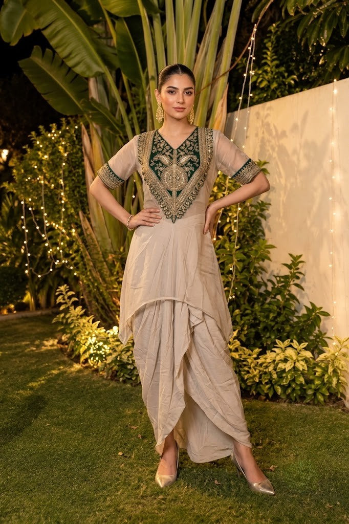 Champagne Green Embellished Crepe Silk Skirt Set