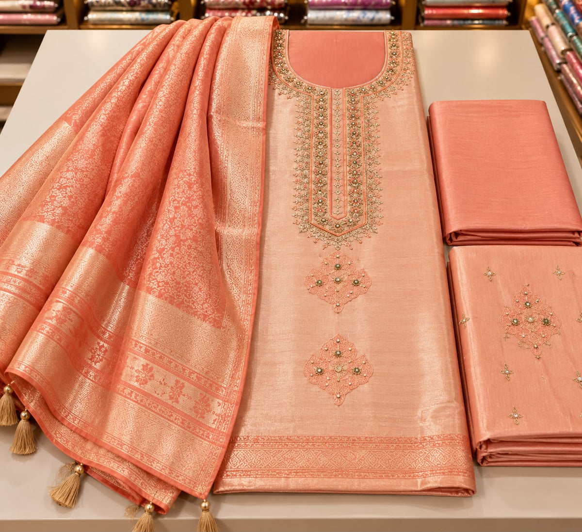Peach Gold Embellished Viscose Silk Unstitched Suit Set
