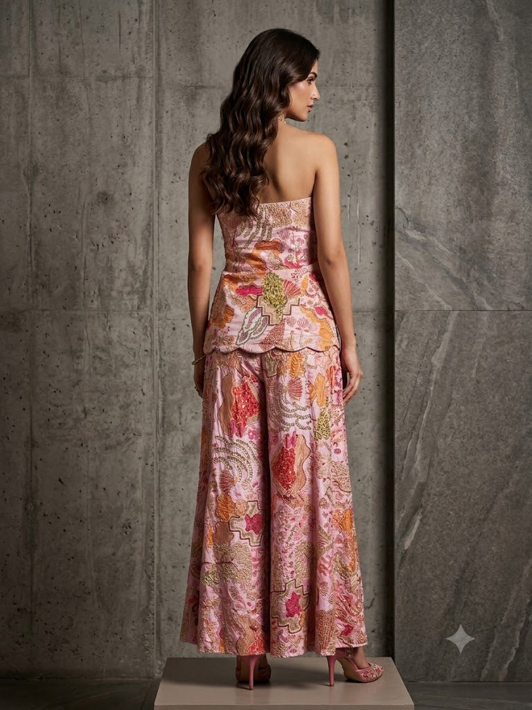 Peach Embellished Satin Silk Palazzo Set