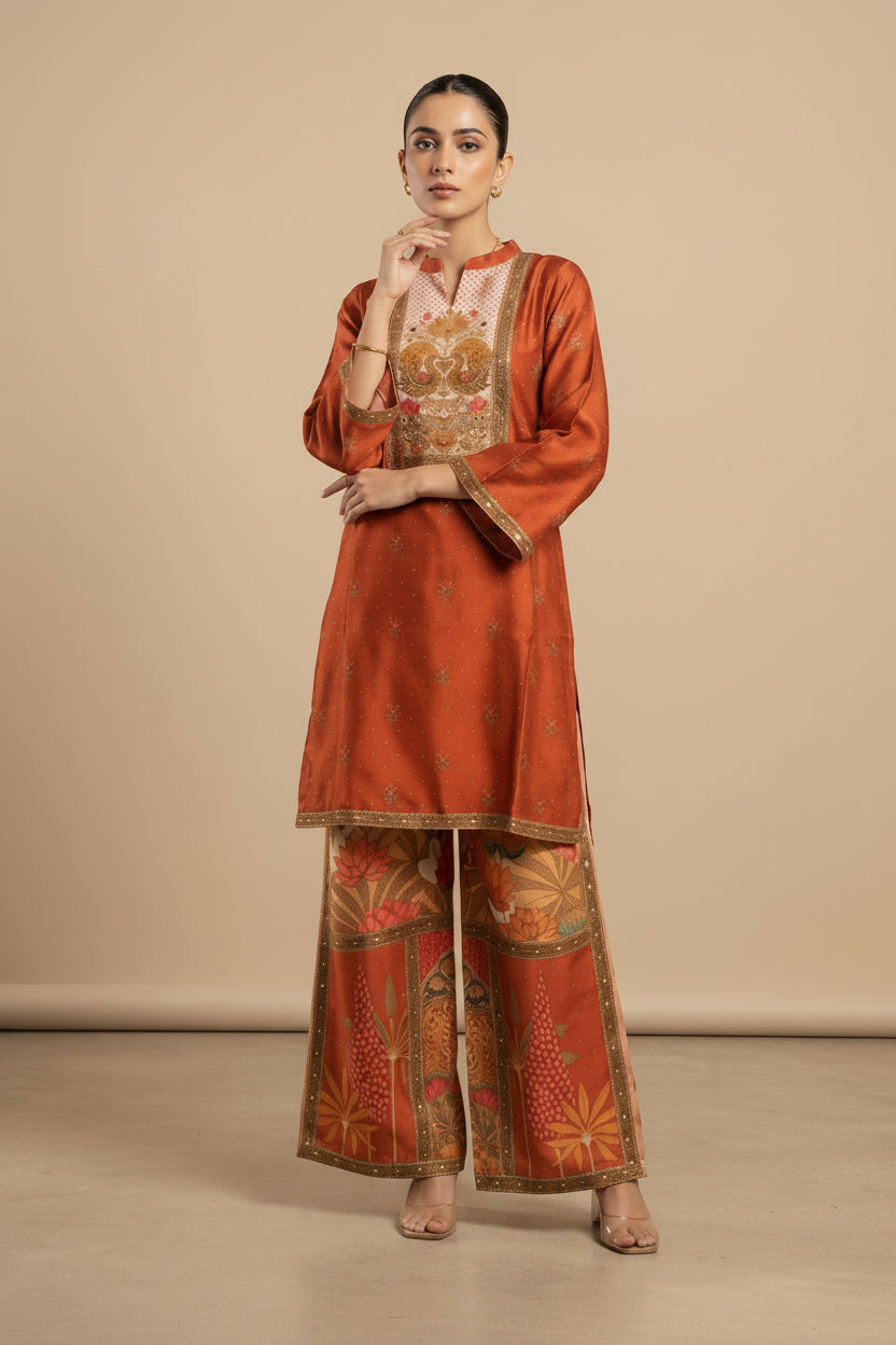 Mandarin Embellished Crepe Silk Kurta Set
