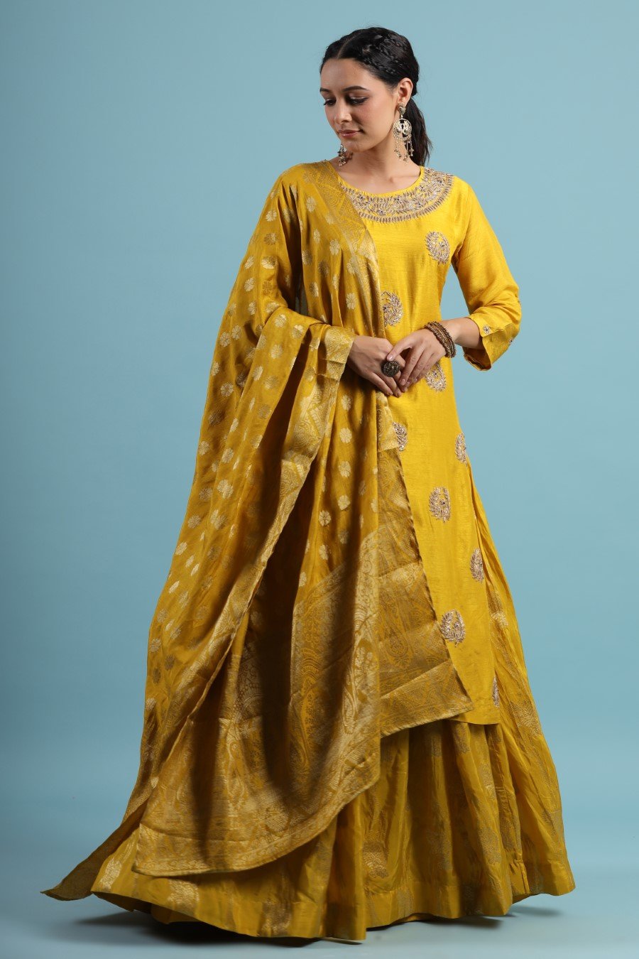 Bright Yellow Gota Patti Kurta & Skirt Set